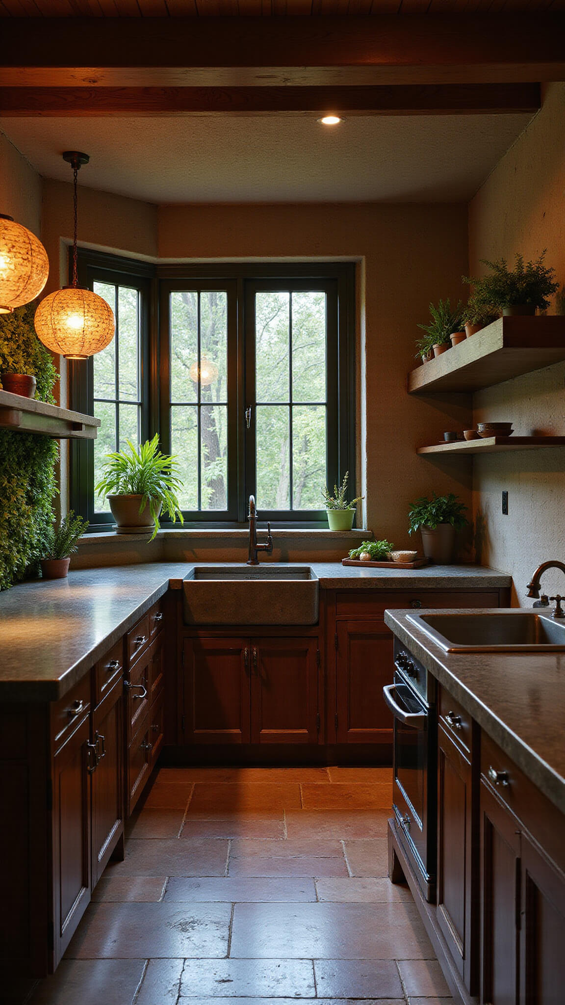 Moody twilight kitchen with vintage lanterns, dark walnut cabinets, herb wall, and terracotta tiles under dramatic shadows.