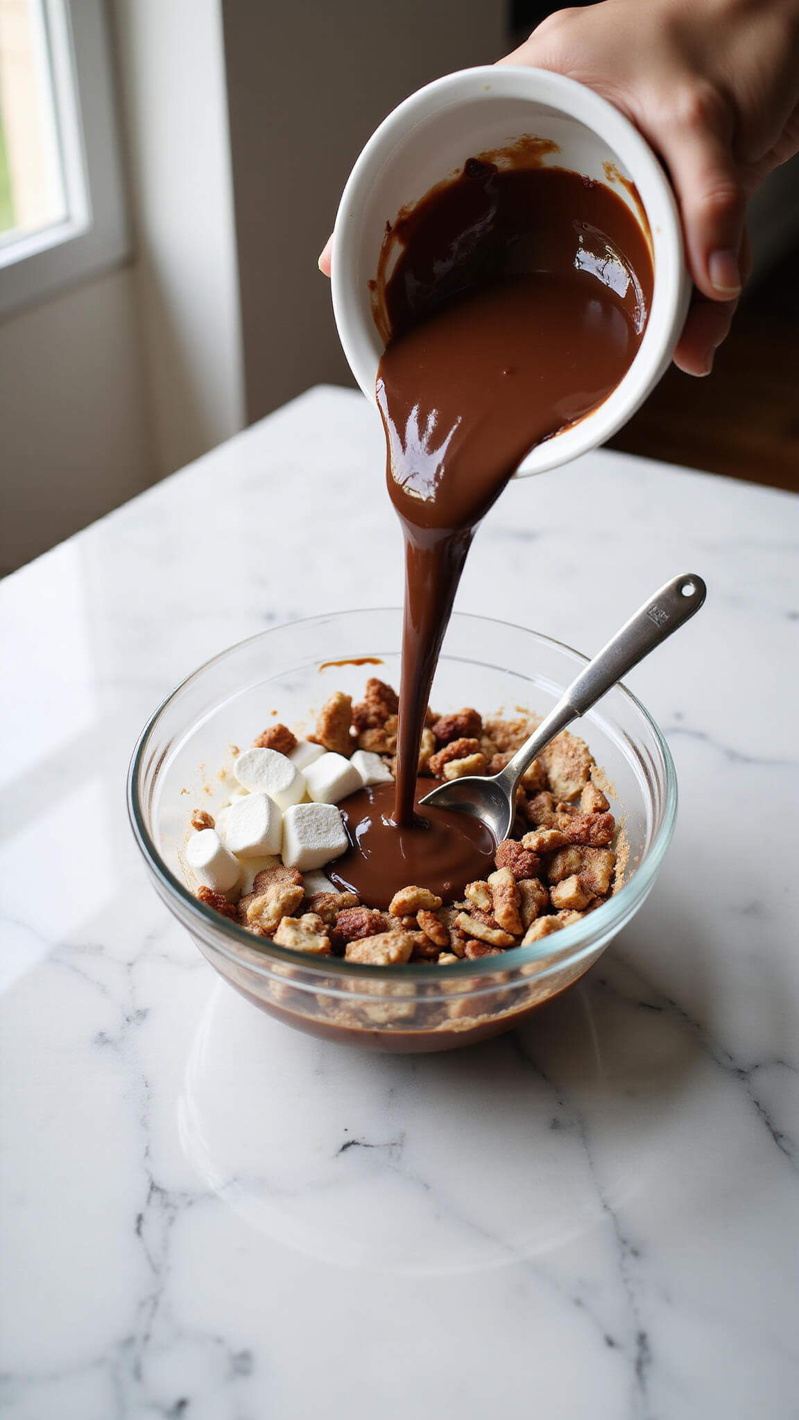 Melted chocolate being poured over marshmallows and nuts in a mixing bowl on a marble countertop, with professional baking tools in a sunlit modern kitchen.