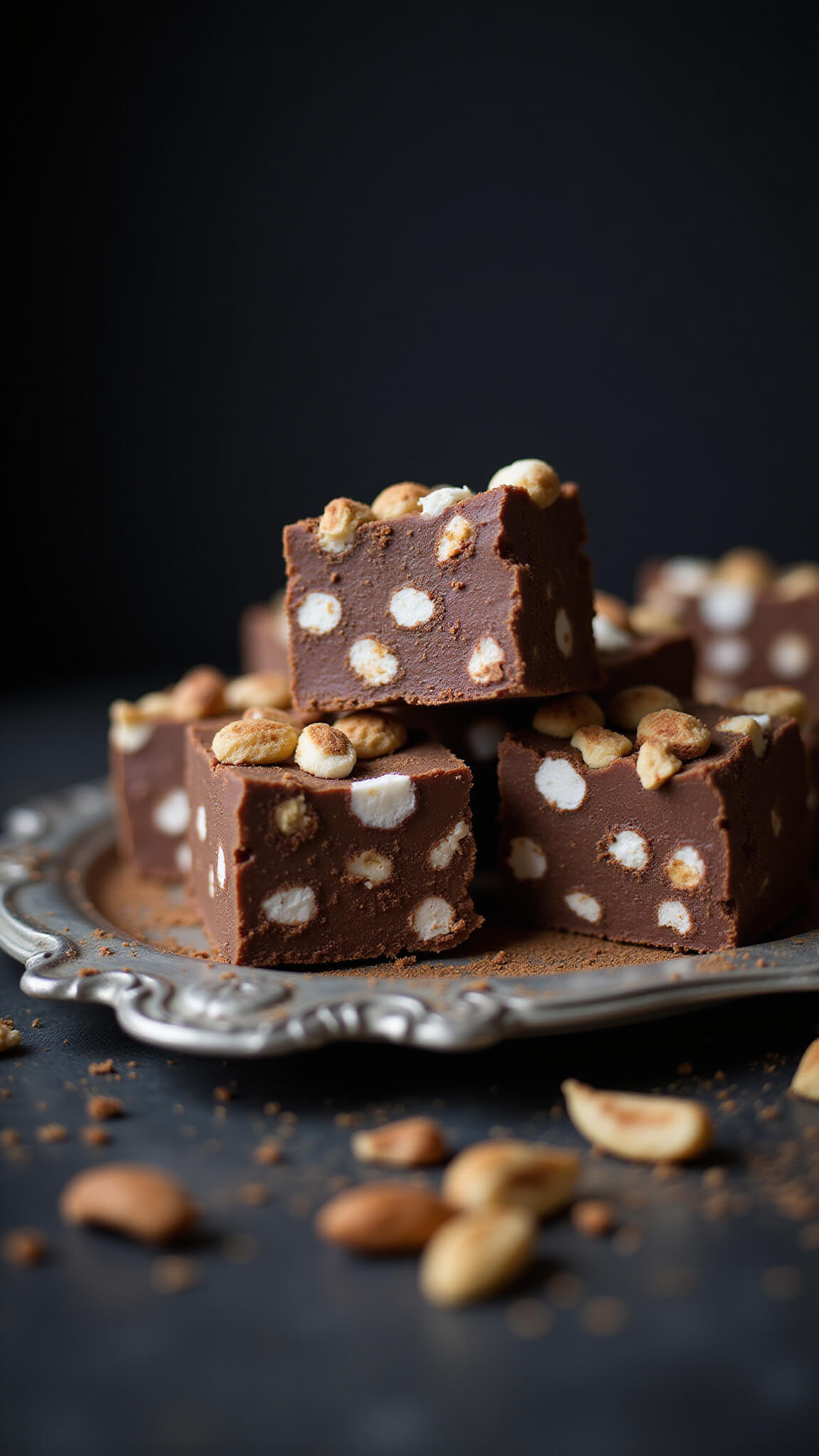 Close-up of Rocky Road Fudge squares on vintage silver platter with moody lighting, showing layers of chocolate, marshmallows, and nuts.