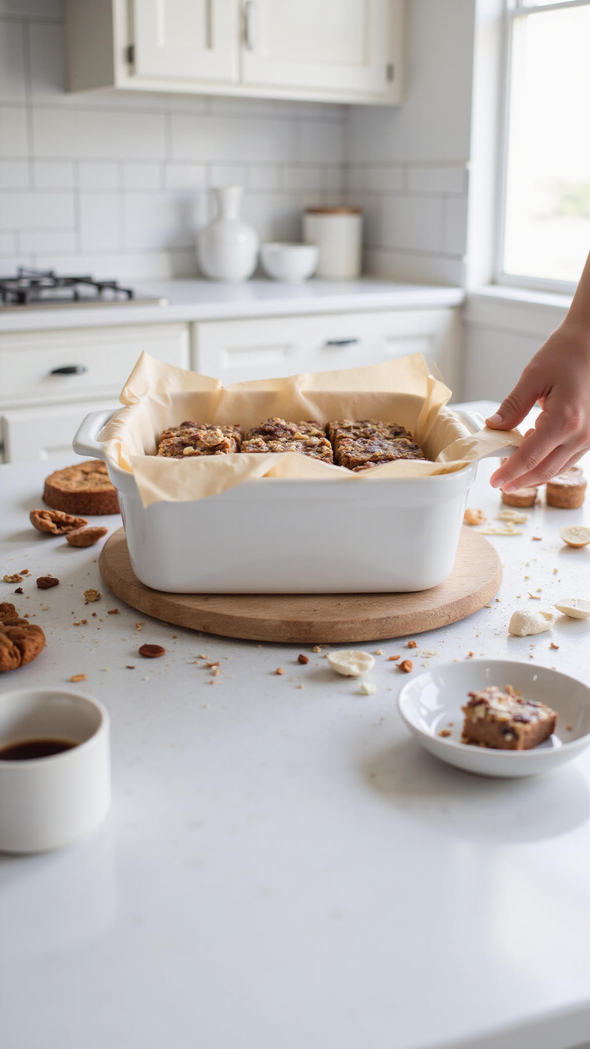 White ceramic container with layered Rocky Road Fudge separated by parchment paper on rustic wooden counter in bright kitchen, styled with scattered ingredients and morning light.