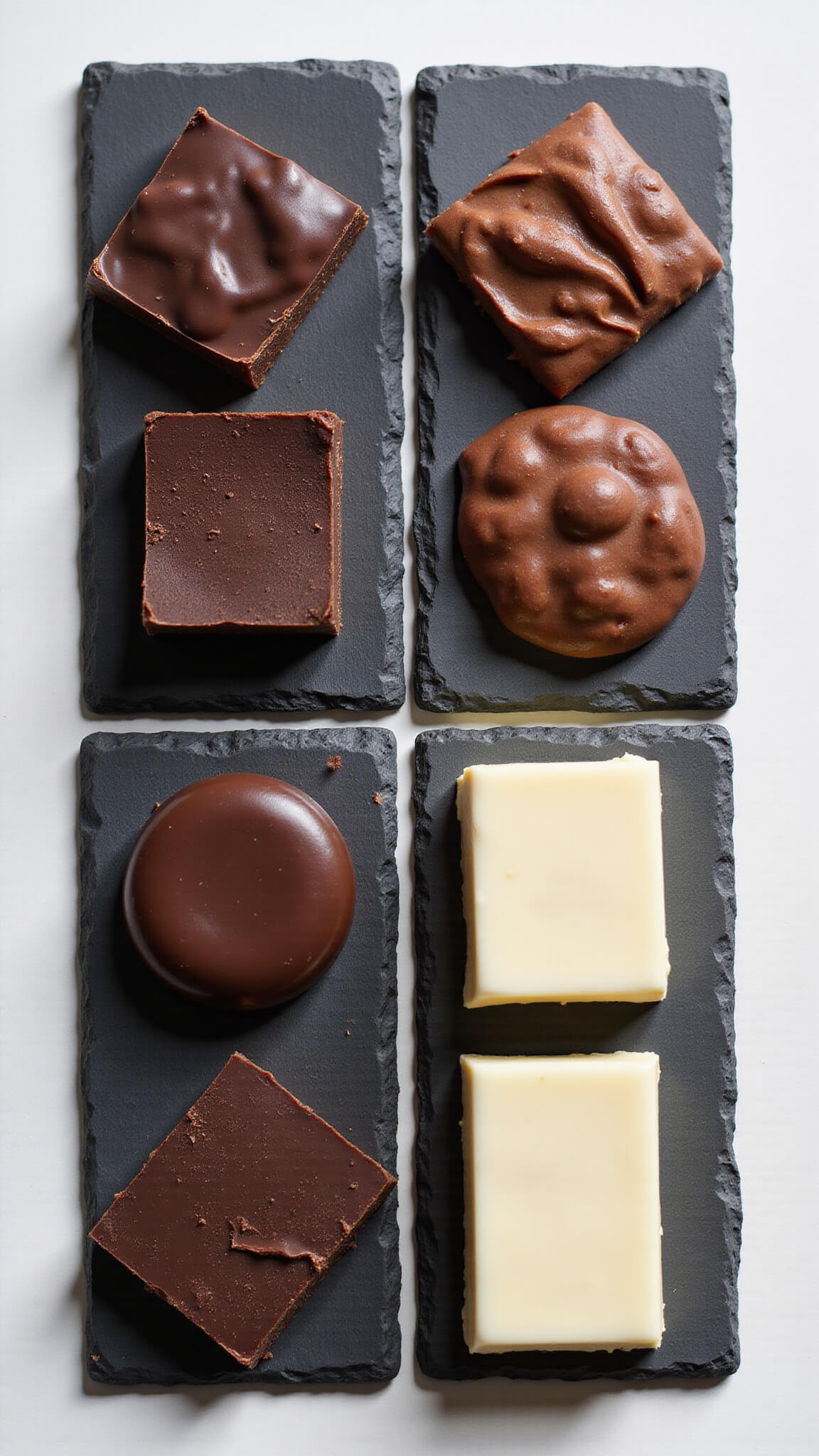Split-screen flat lay of four chocolate types—dark, milk, semi-sweet, and white—each on separate slate plates, in a modern geometric composition with soft shadows.