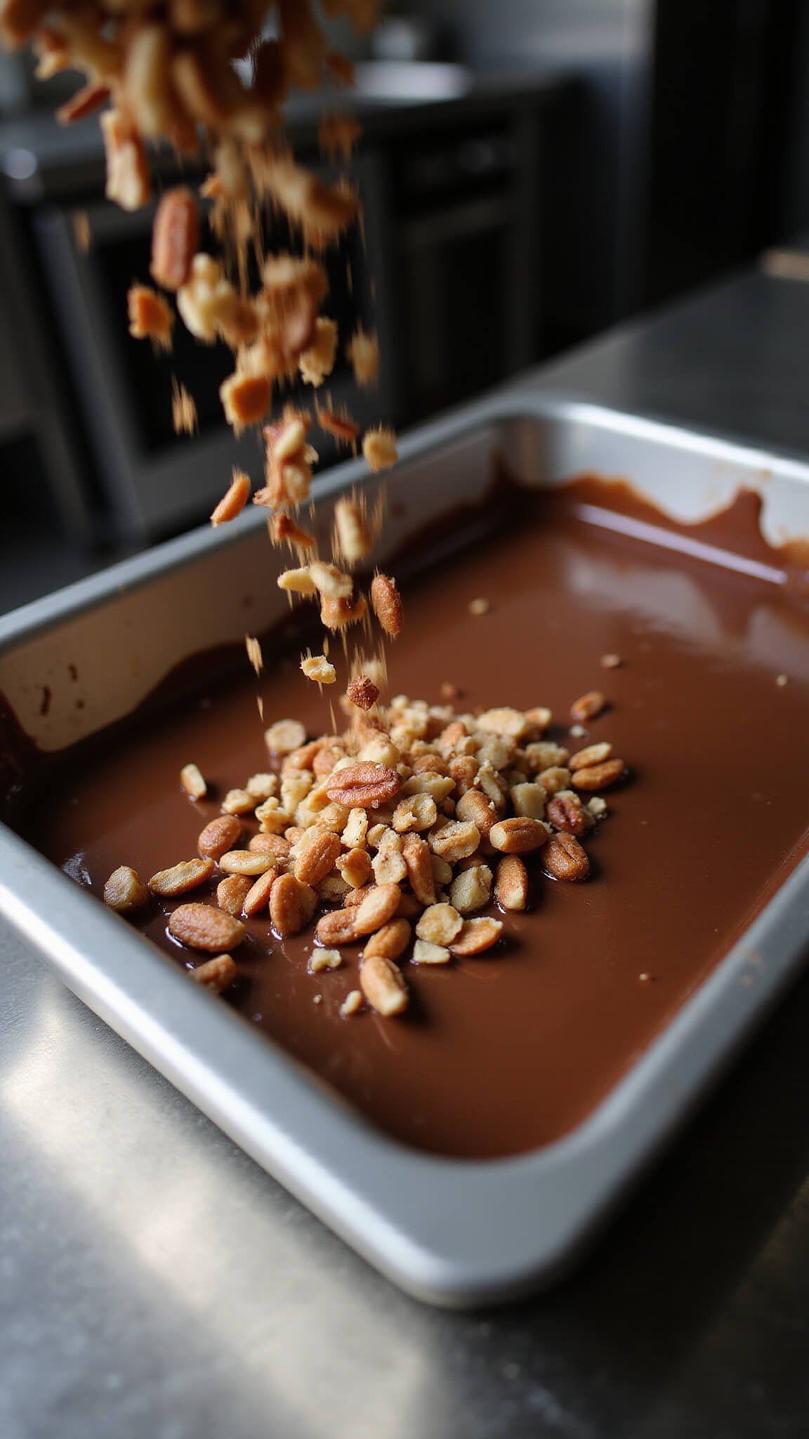 Nuts falling onto melted chocolate with motion blur, captured in high-speed shot in commercial kitchen with dramatic side lighting.