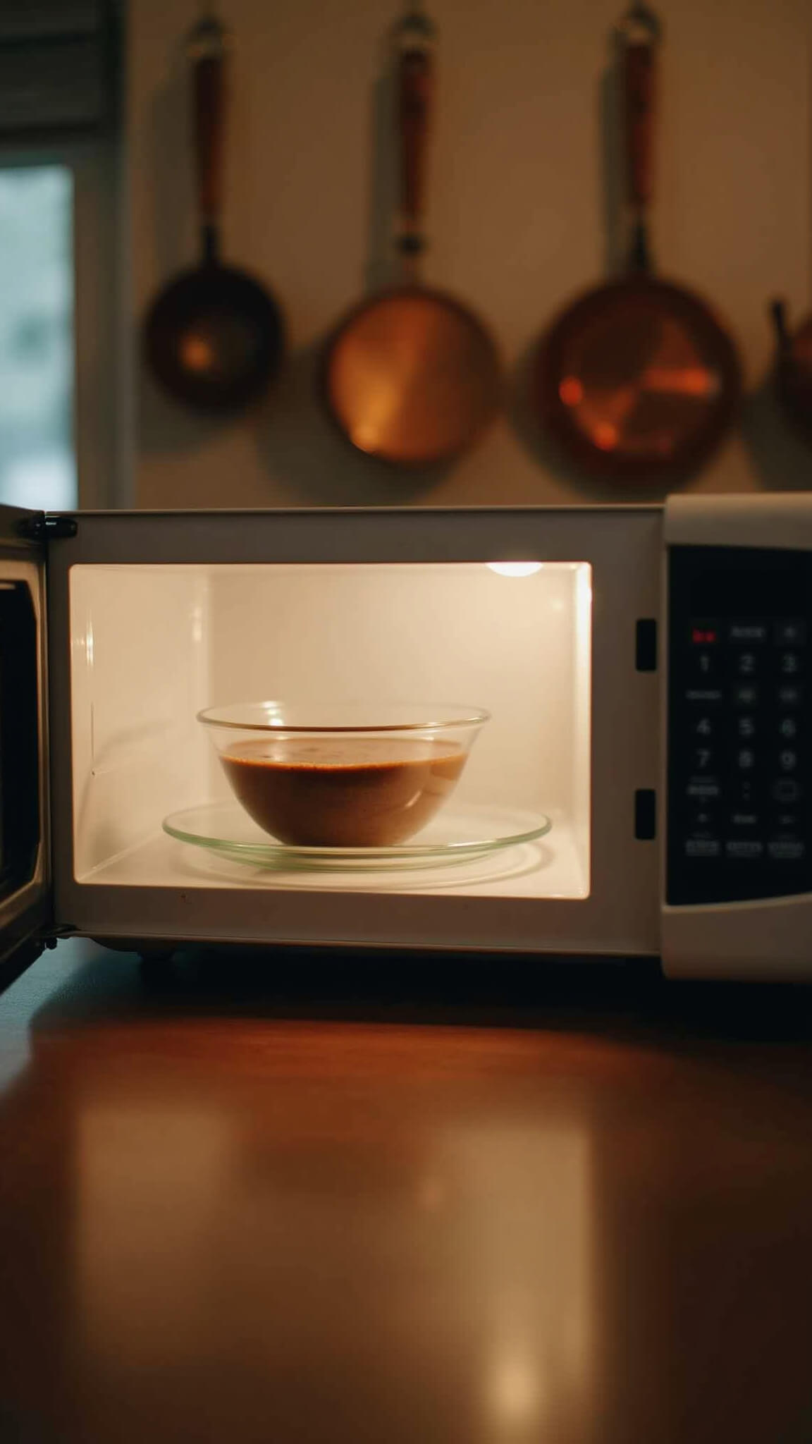 Melting chocolate and condensed milk in a microwave-safe bowl viewed through microwave window, with warm evening lighting and copper cookware in background.