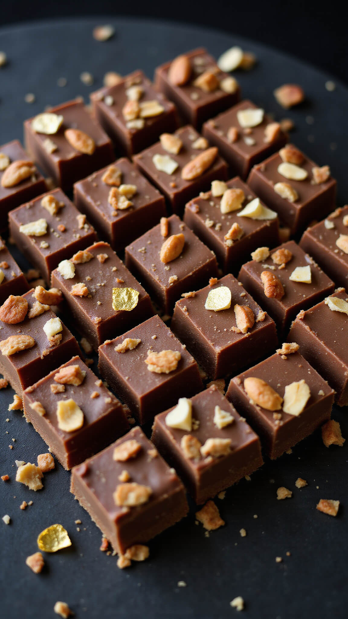 Luxurious fudge squares arranged in a grid on a dark surface, topped with gold leaf and crushed nuts, captured with macro lens under professional lighting.