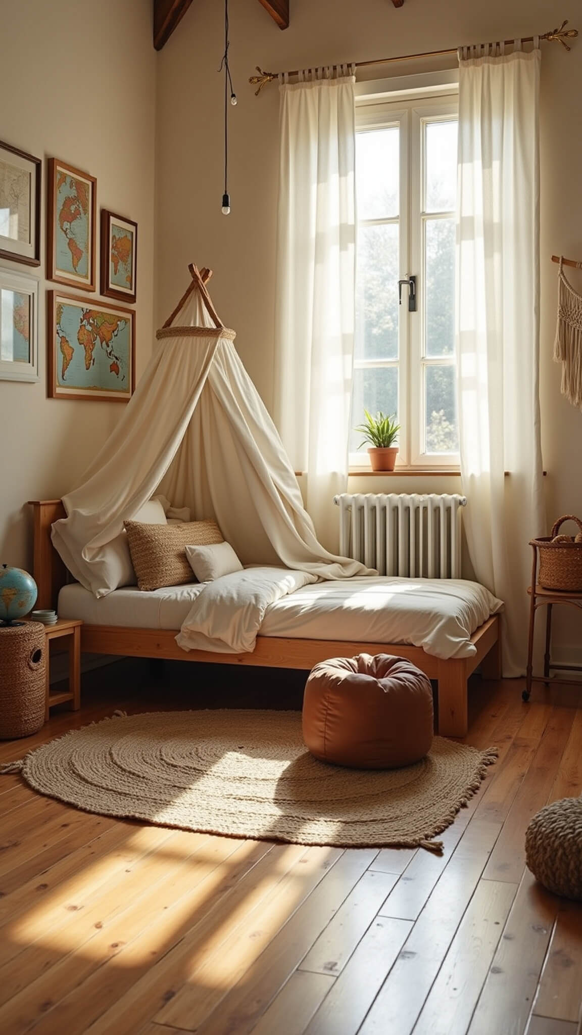 Cozy sunlit kids' bedroom with natural wood bed, canvas canopy, vintage maps, and earth-toned decor in warm golden hour light.