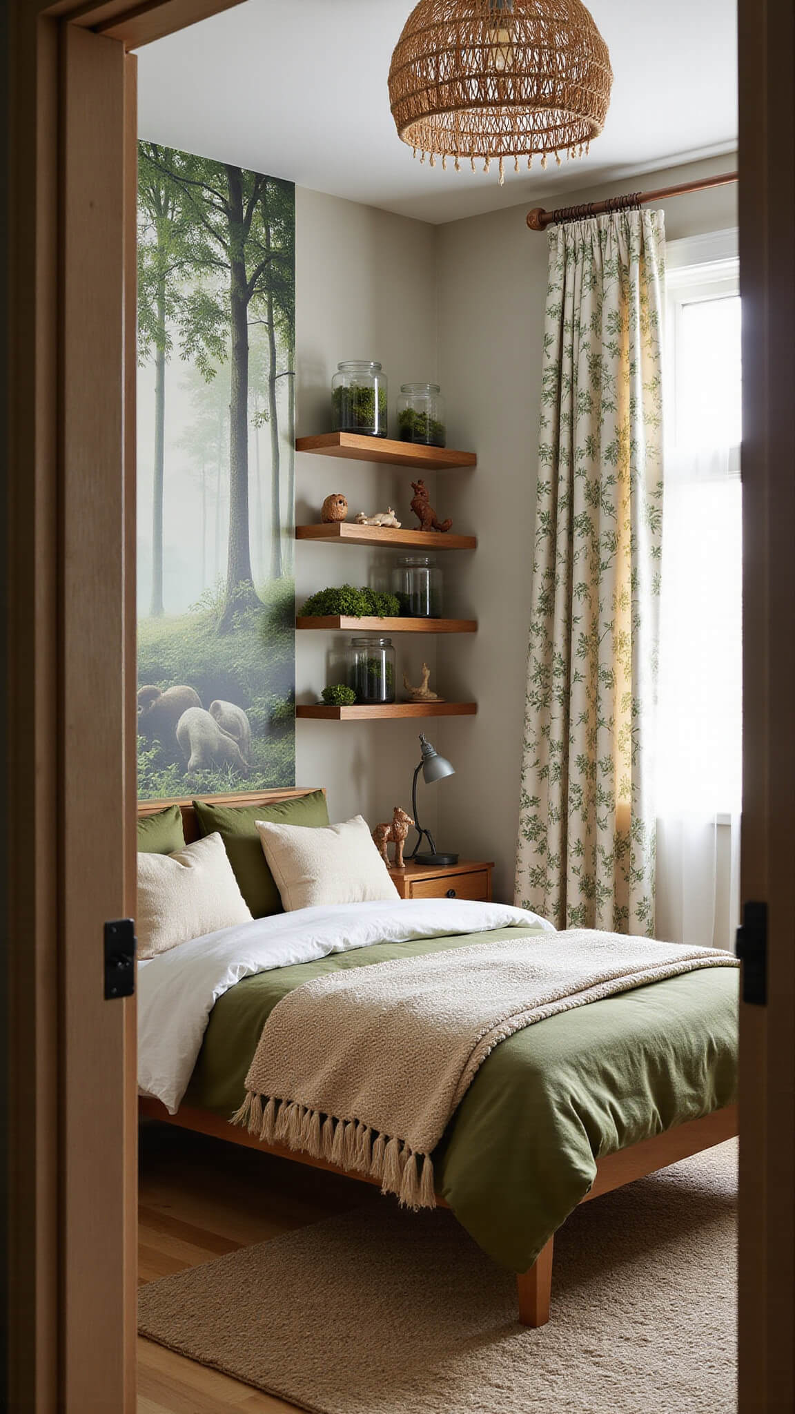 Woodland-themed boho bedroom with olive green bedding, forest mural, botanical curtains, and natural wood accents in soft morning light.