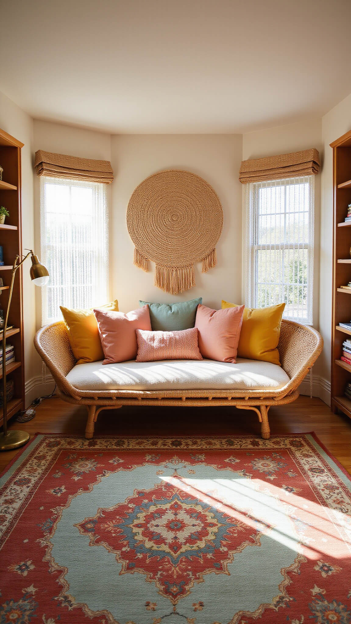 Colorful 14x14 ft dreamscape bedroom with rattan daybed, gradient cushions, prism light effects, macramé wall art, geometric shelves, layered rugs, and warm-toned decor.