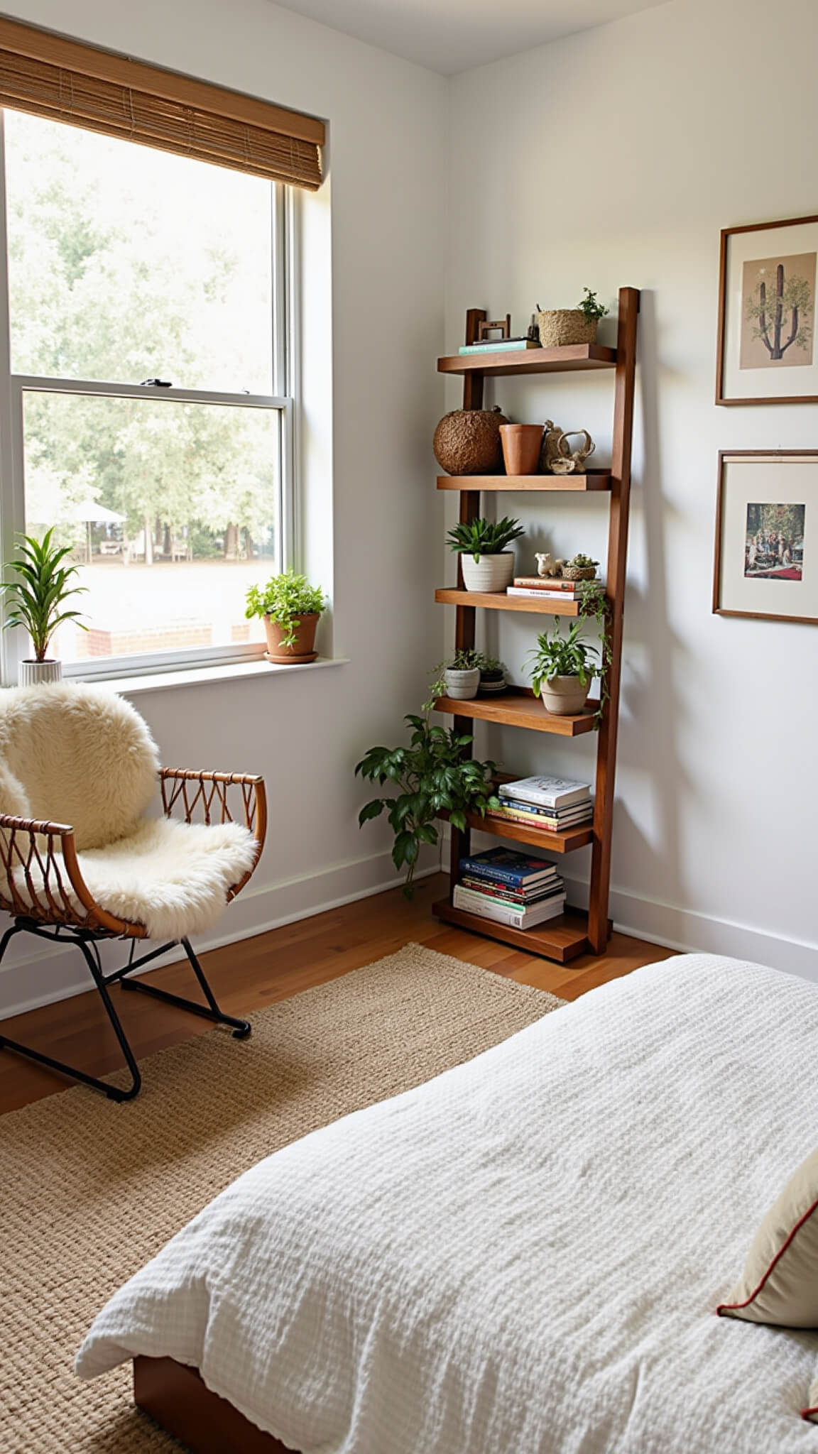 Boho sanctuary room with white bedding, vintage pillows, rattan chair, bookshelf with plants, and asymmetrical gallery wall in warm natural light.