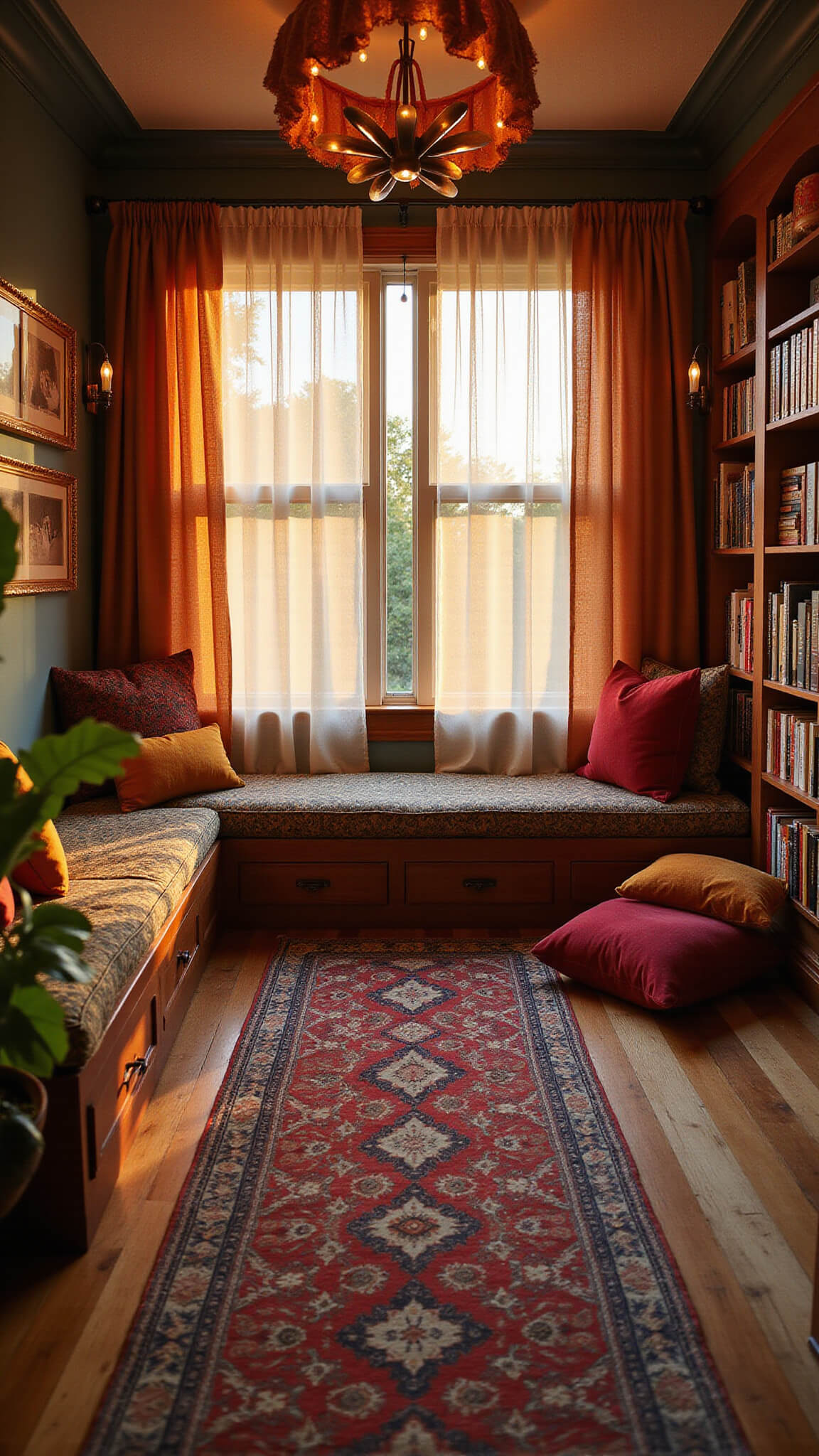 Ground-level view of a cozy 10x12ft magical reading nook with jewel-toned floor cushions, gossamer curtains glowing in golden hour light, a fabric canopy overhead, built-in window seat with drawers, Persian runner, book display, and ambient copper string lights.