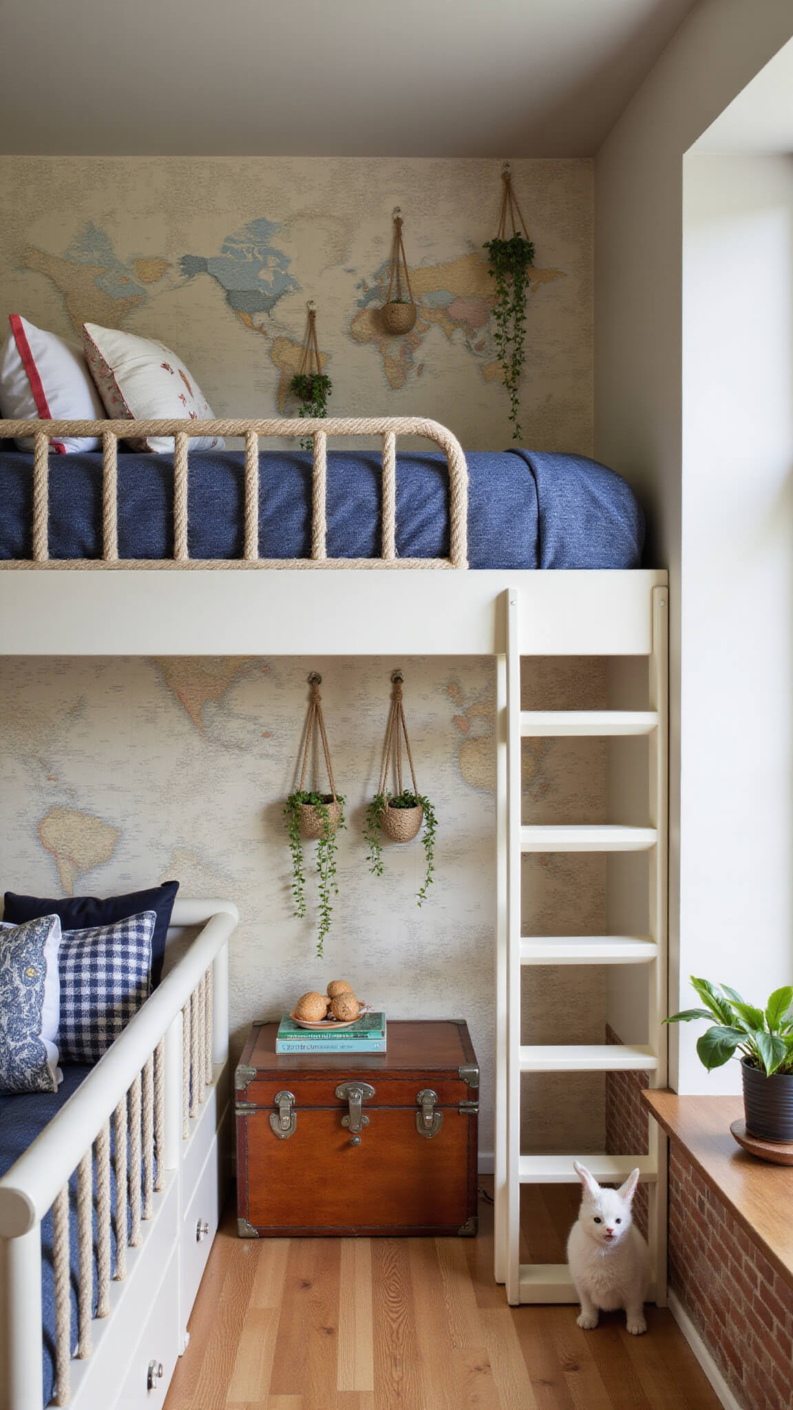Adventure-themed kids' room with built-in nautical bunk bed, world map wallpaper, vintage trunk toy storage, and natural decor in navy, camel, rust, and cream tones.