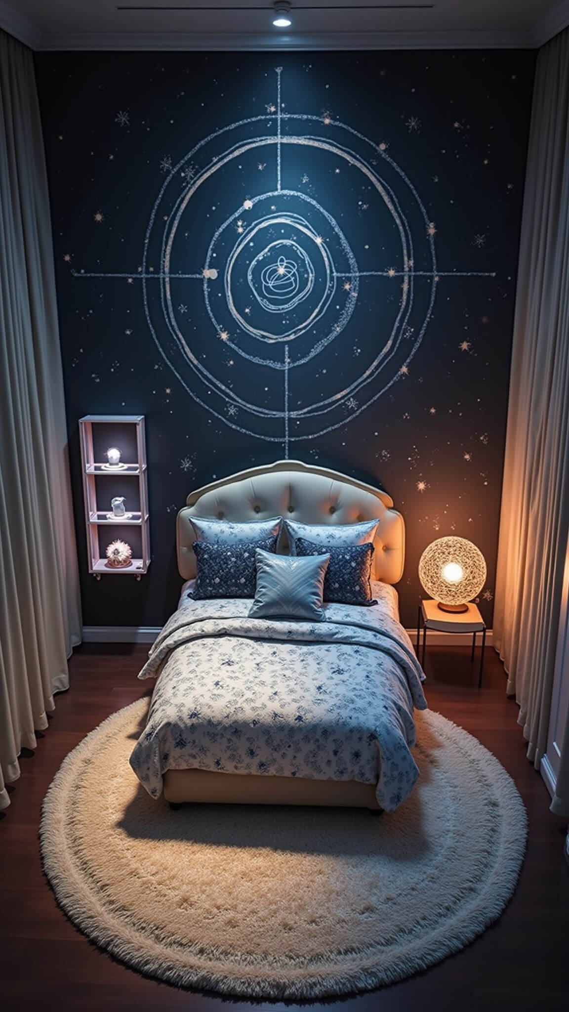 Bird's eye view of a 11x13ft cosmic boho room with round bed, celestial-patterned pillows, star projector lighting, black accent wall with constellation decals, circular shag rug, and floating lucite bookshelf with LED lights.