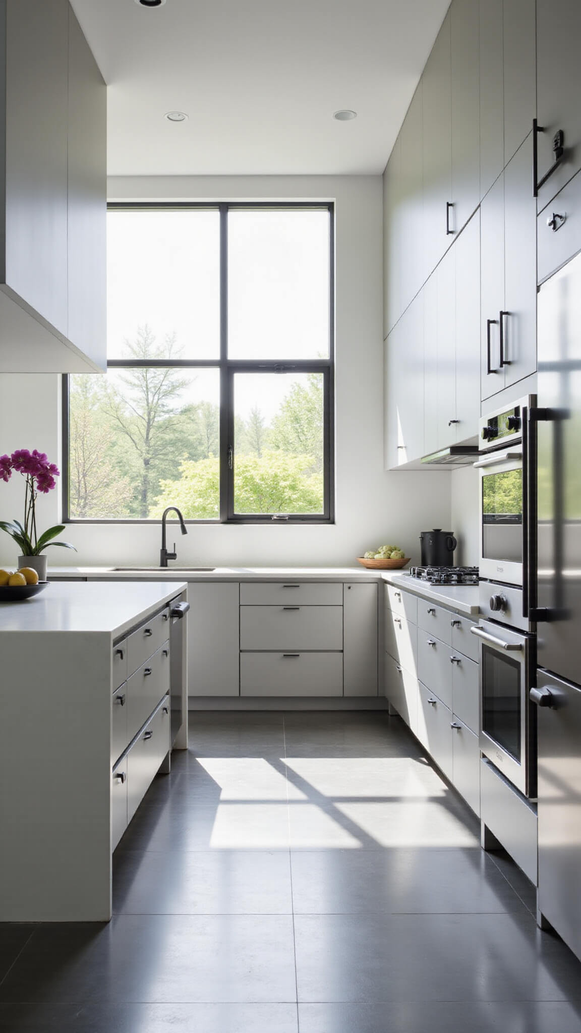 Modern minimalist kitchen with light gray cabinets, white quartz island, and floor-to-ceiling windows bringing in morning light.