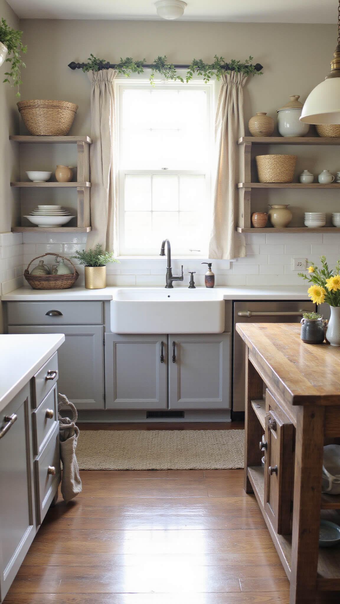Country kitchen with dove gray shaker cabinets, butcher block island, farmhouse sink under window, vintage brass hardware, and golden hour light filtering through linen curtains.