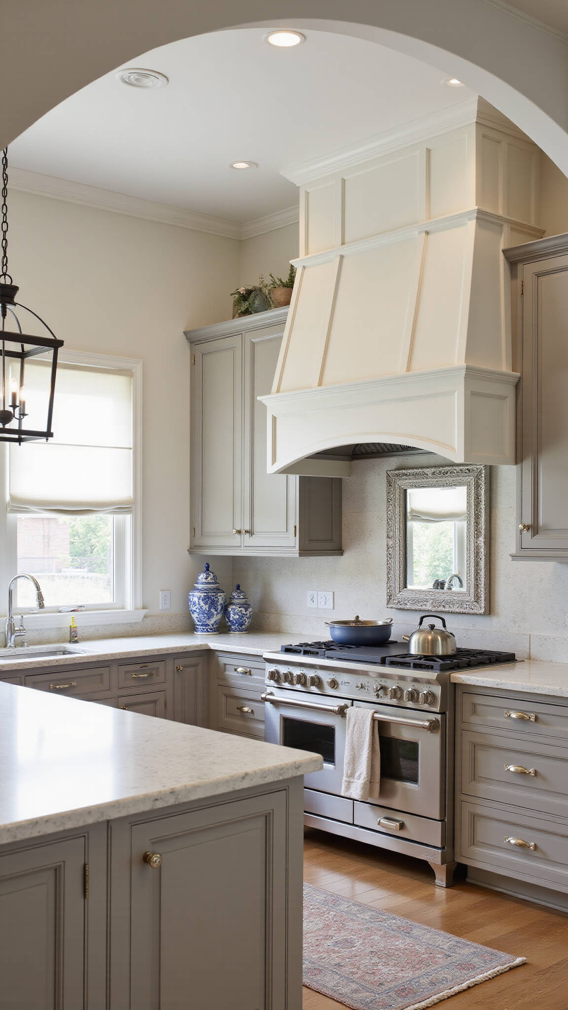 Transitional greige kitchen with arched doorways, warm greige cabinets, quartzite counters, polished nickel accents, lantern pendants, and blue-and-white chinoiserie décor.