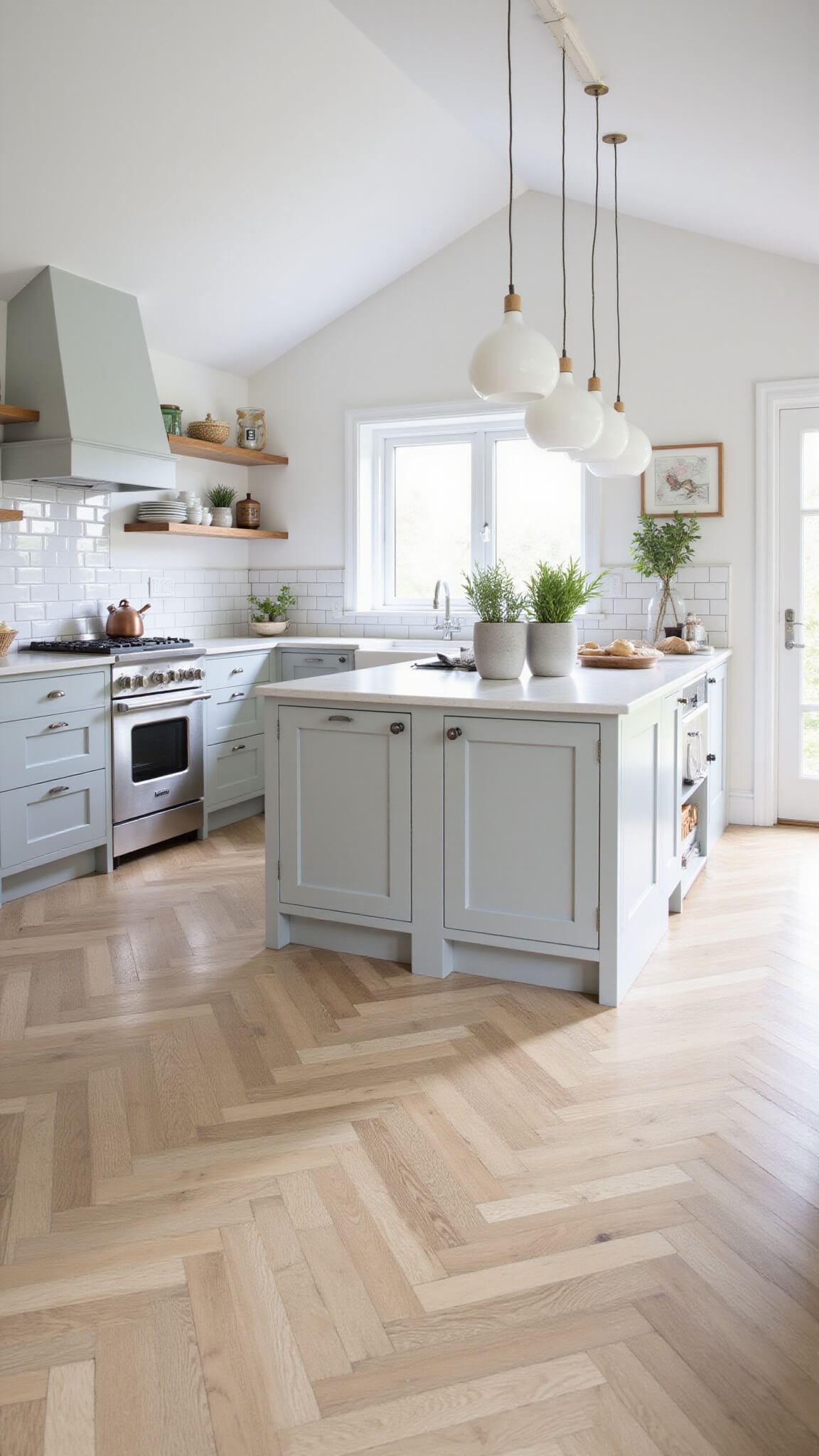 Scandinavian gray kitchen with pitched ceiling, light gray cabinets, chevron bleached oak floors, white subway tile walls, and globe pendant lighting.