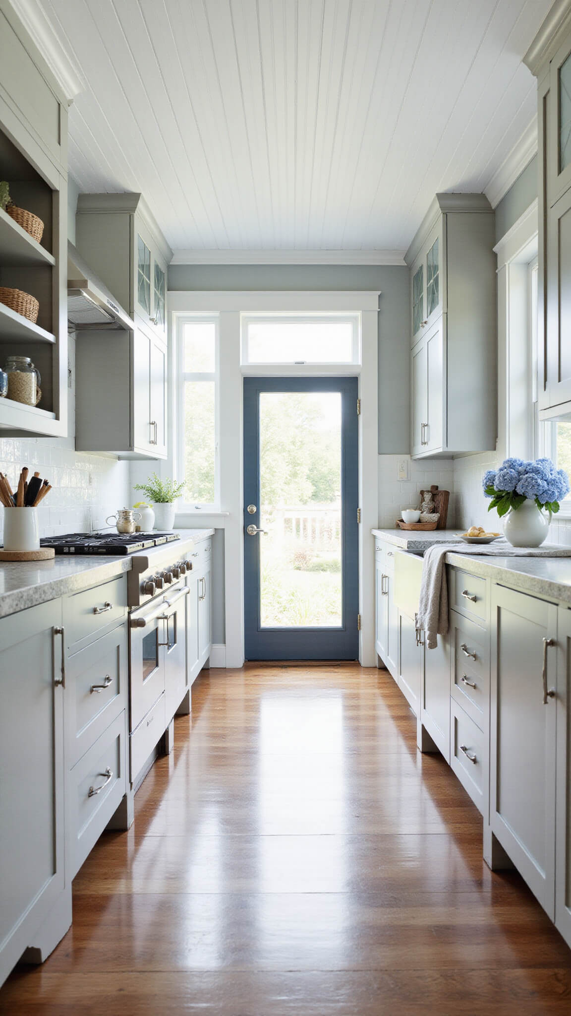 Airy coastal gray kitchen with pale gray cabinets, honed granite counters, shiplap backsplash, and morning light casting soft shadows.