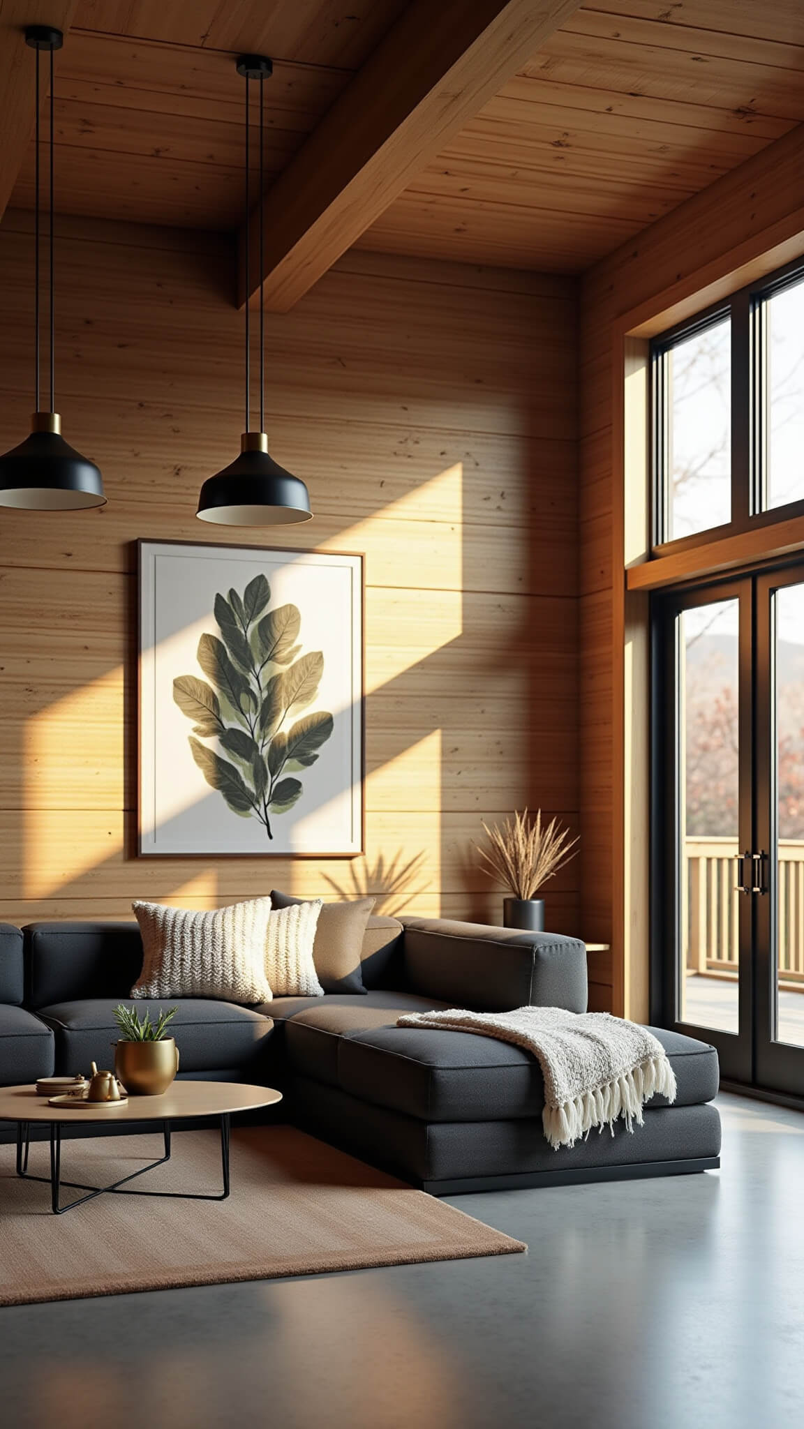 Open-concept cabin living room with reclaimed barnwood walls, polished concrete floors, and a charcoal sectional, bathed in golden hour light through floor-to-ceiling windows.
