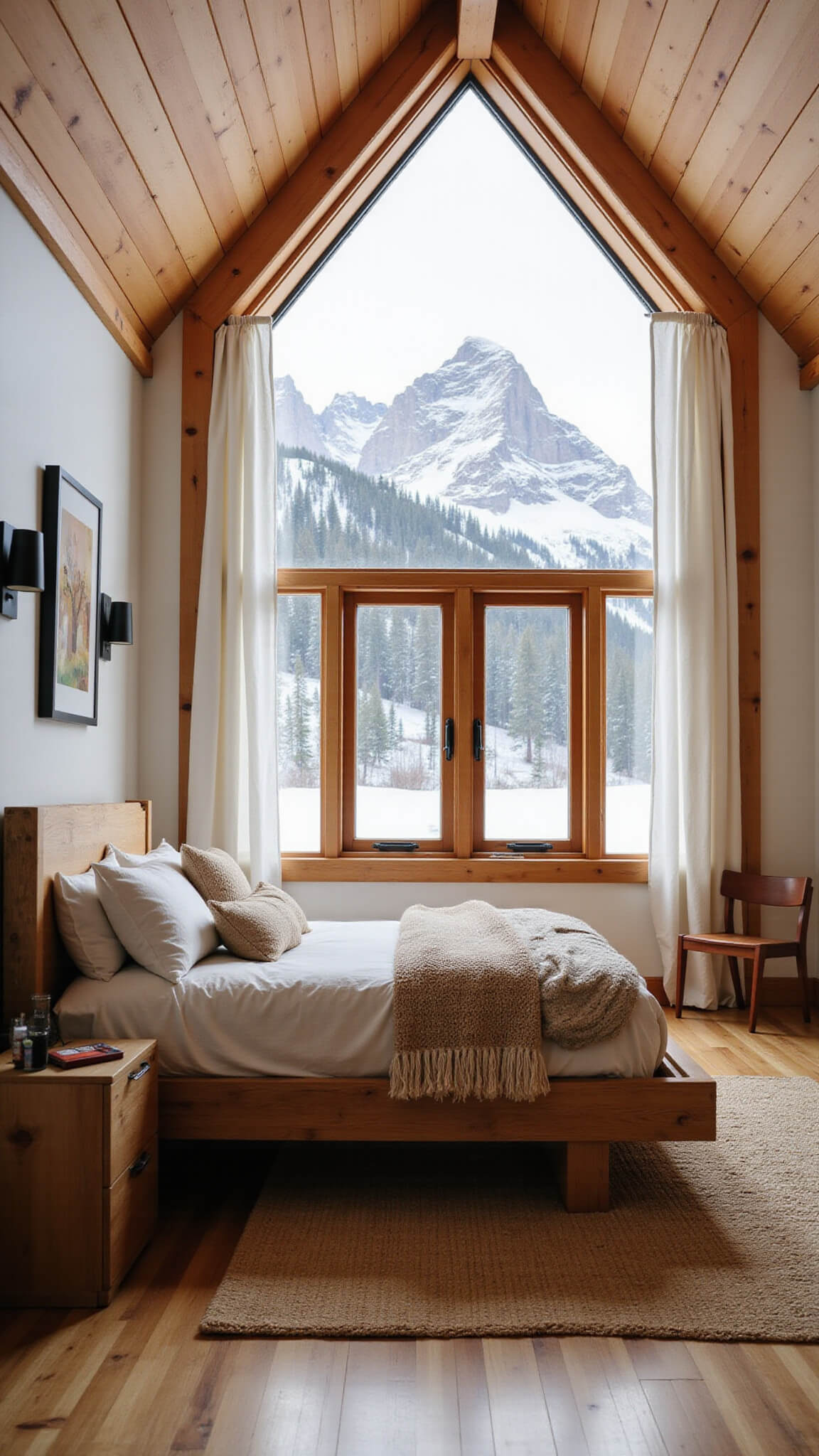 Serene cabin bedroom at dawn with snow-covered mountain view through triangular window, platform bed with beige linen bedding, live-edge headboard, and warm natural textures.