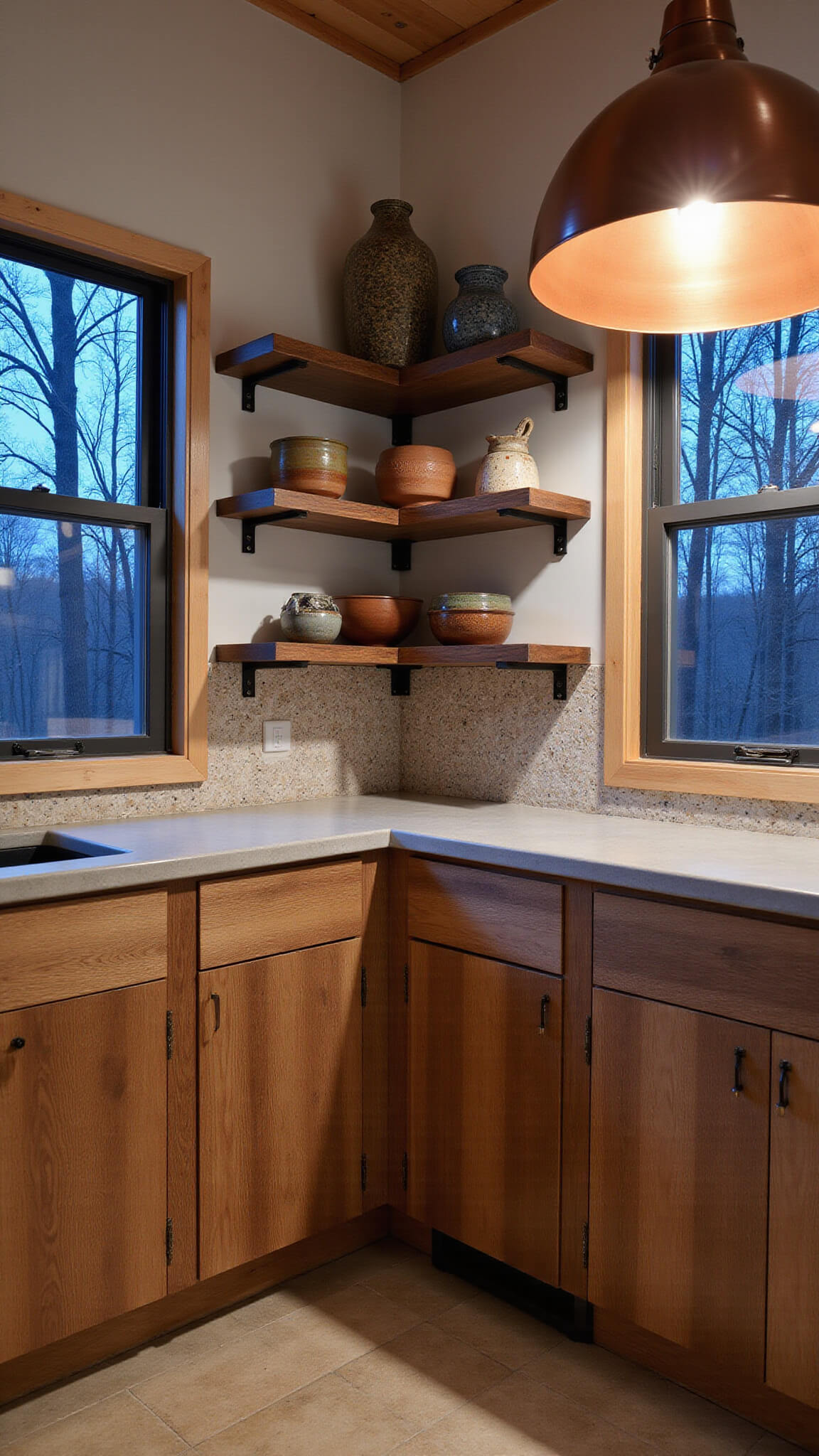 Modern-rustic cabin kitchen with walnut cabinets, concrete countertops, geometric tile backsplash, and copper pendant lighting during blue hour.