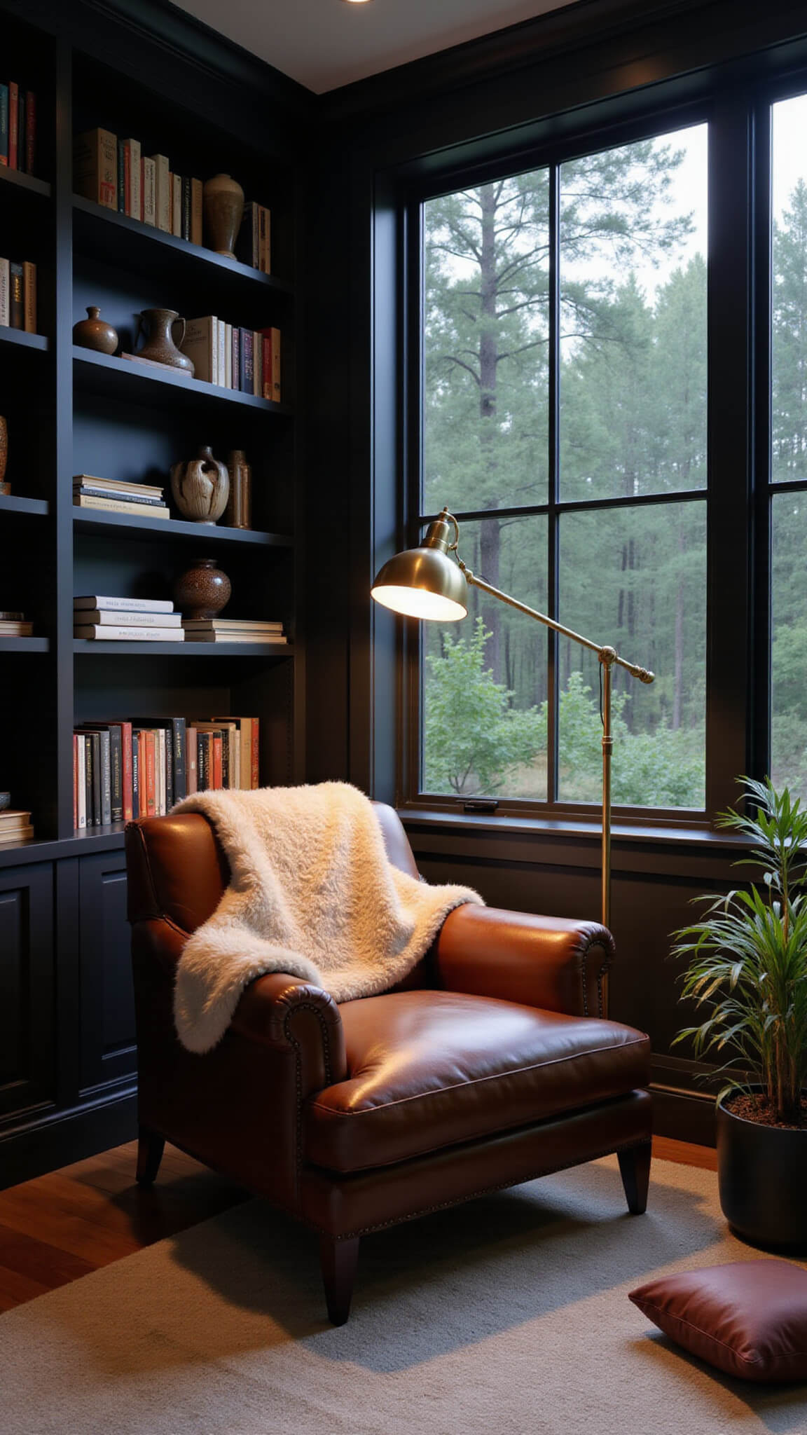 Cozy 12x14ft reading nook at dusk with matte black bookshelves, forest view window, leather armchair, brass lamp, and moody lighting.