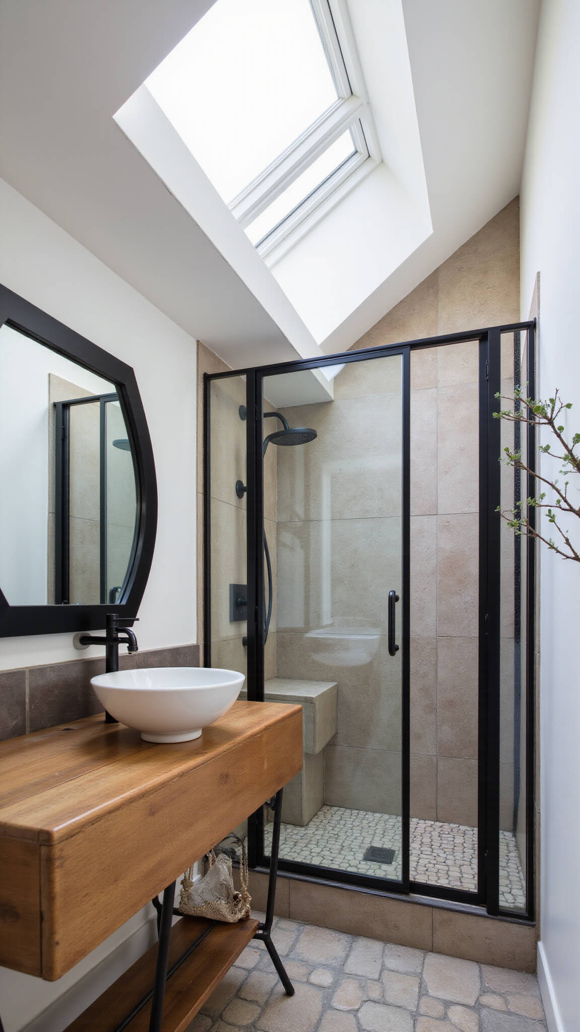 Modern cabin bathroom with skylight-lit walk-in shower, floating wood vanity, vessel sink, geometric floor tiles, and eucalyptus accents.