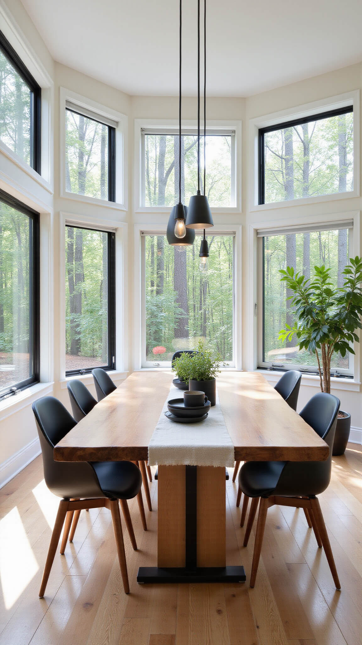 Midday-lit dining room with forest views through double-height windows, featuring a live-edge table, mixed chairs, black linear chandelier, and natural decor elements.