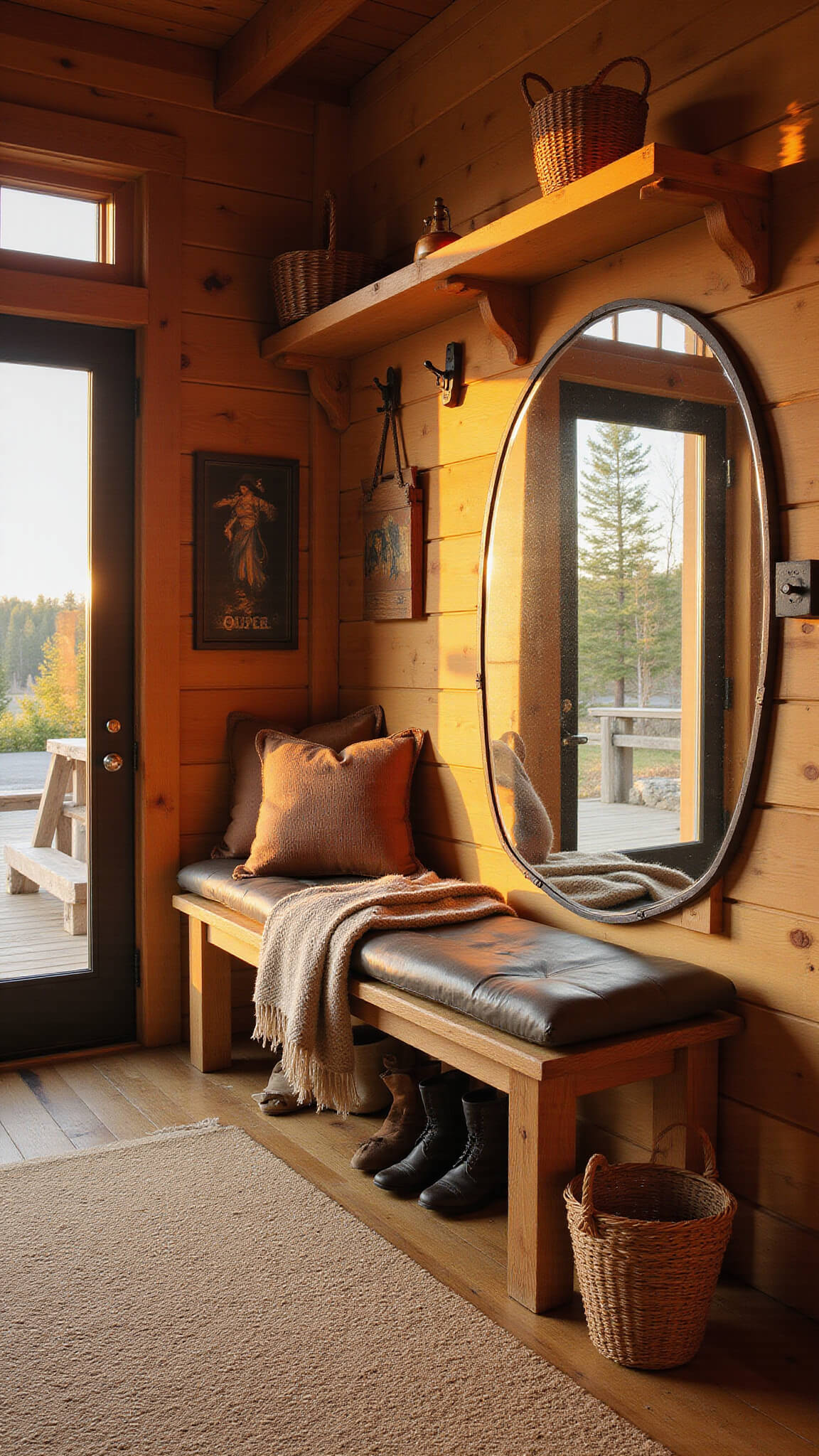 Sunset-lit cabin entryway with steel and glass door, built-in bench with leather cushions and wool throws, round mirror reflecting golden light, vintage boots, woven baskets, and coat hooks.