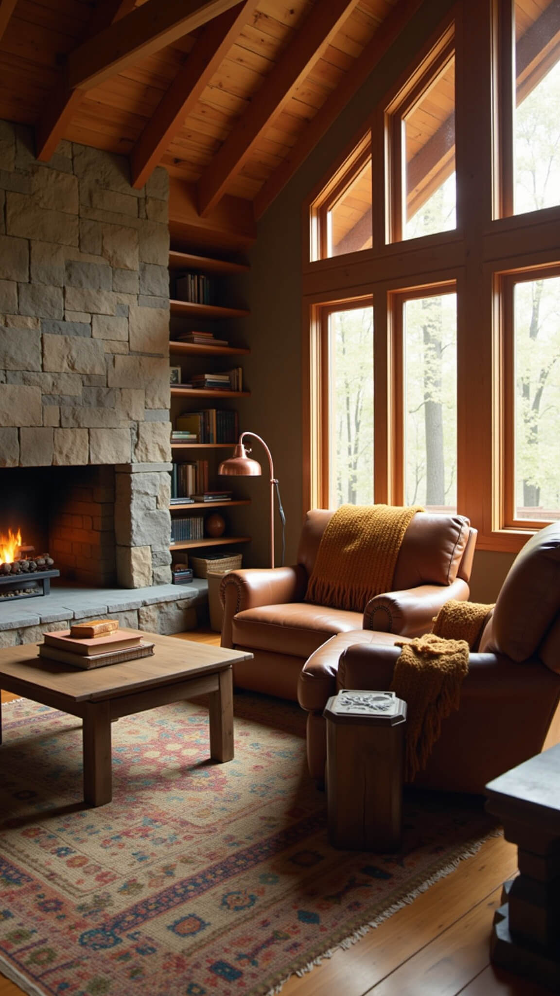Cozy cabin living room with stone fireplace, leather armchair, and golden hour sunlight through west-facing windows.