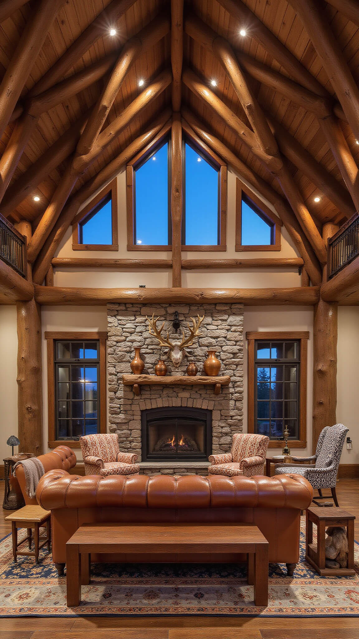 Rustic A-frame cabin great room at dusk with stone accent wall, mounted antlers, leather Chesterfield sofa, tribal armchairs, and stacked stone fireplace under warm lighting.