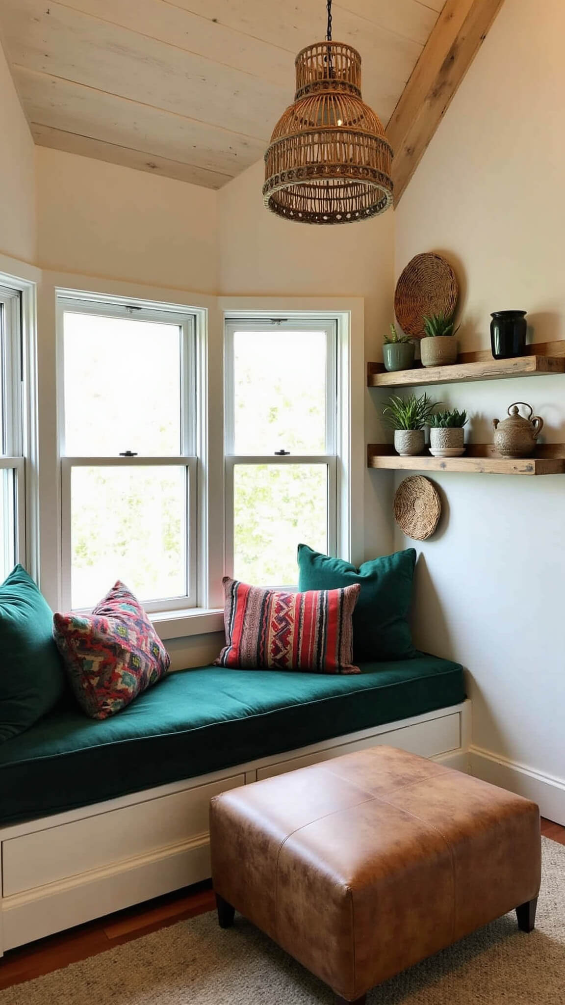 Cozy cabin corner with bay window reading nook, forest green velvet cushions, kilim pillows, floating shelves with pottery and plants, and rattan pendant casting natural shadows.