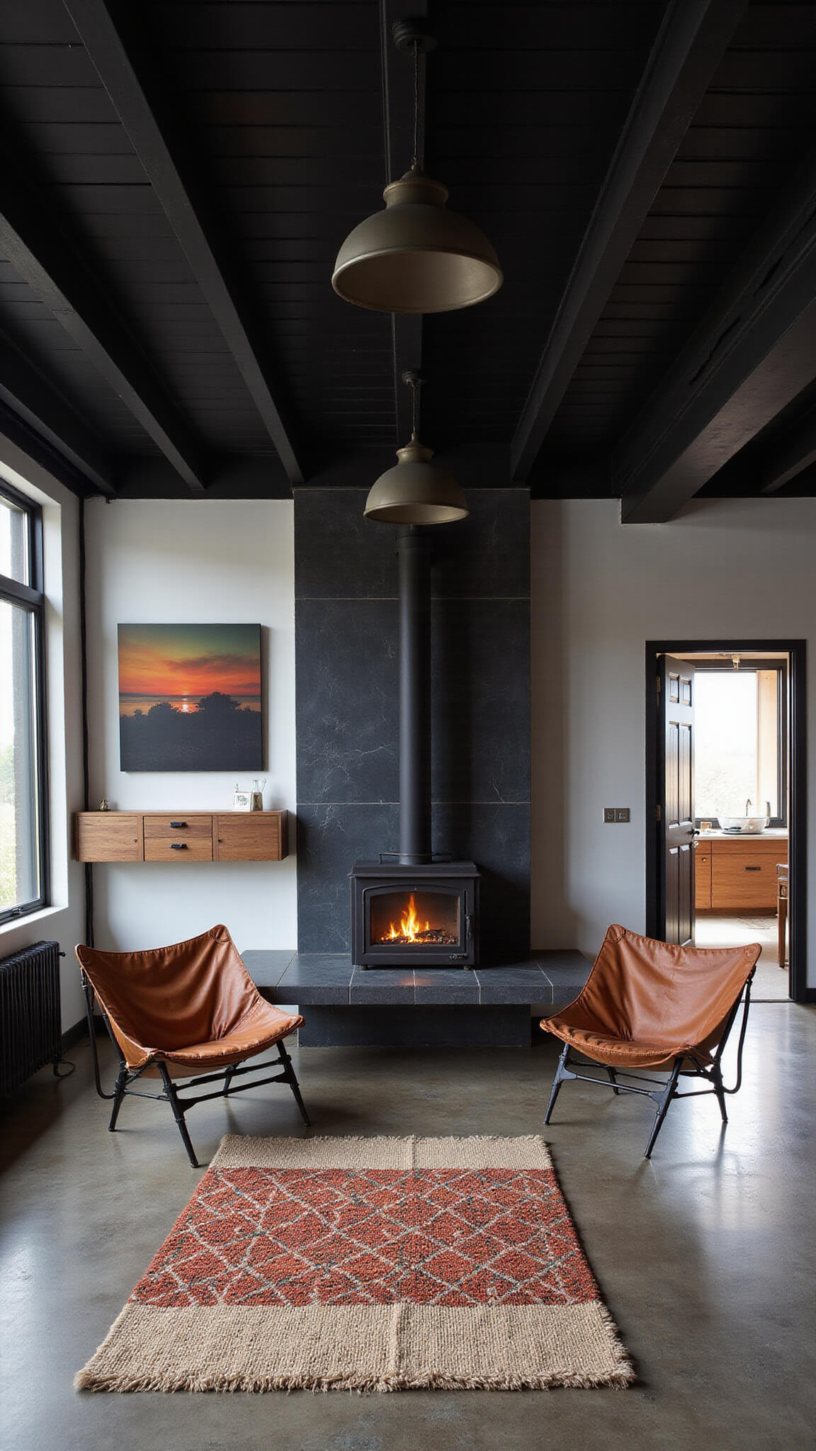 Twilight interior of modern cabin with exposed black beams, wood-burning stove, mid-century leather chairs, and moody lighting over concrete floors and Moroccan rug.