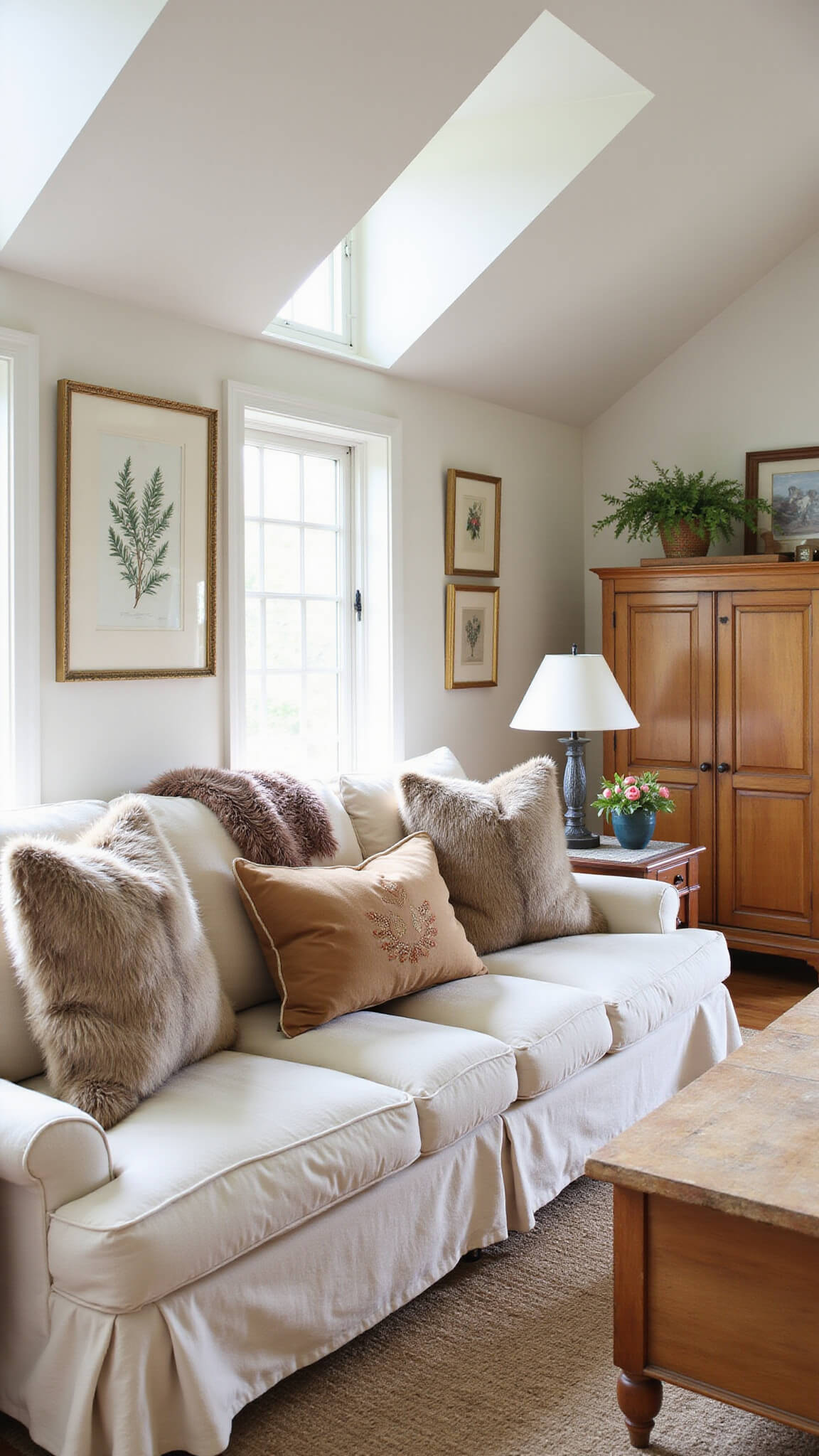 Cozy 12x14ft cottage cabin den with ivory slipcovered sofa, faux fur throws, vintage botanical gallery wall, antique pine armoire, and warm golden hour lighting.