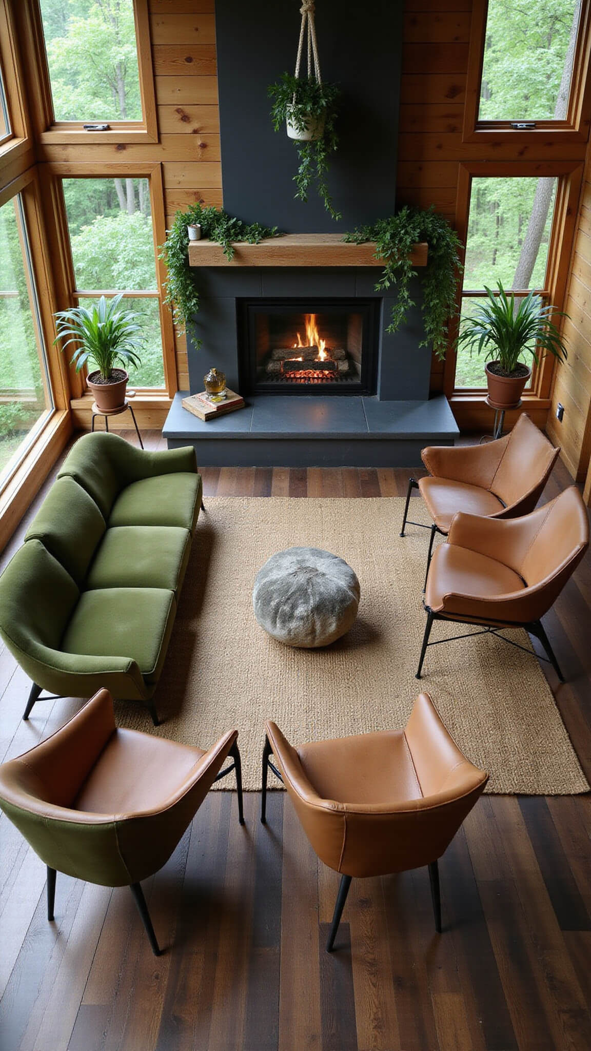 Bird's eye view of a cozy 14x12ft cabin sitting room with moss green curved velvet sofa, leather butterfly chairs, floating hearth with gas fireplace, wraparound windows, macramé plant hangers, and layered geometric jute and bamboo rugs in diffused natural light.