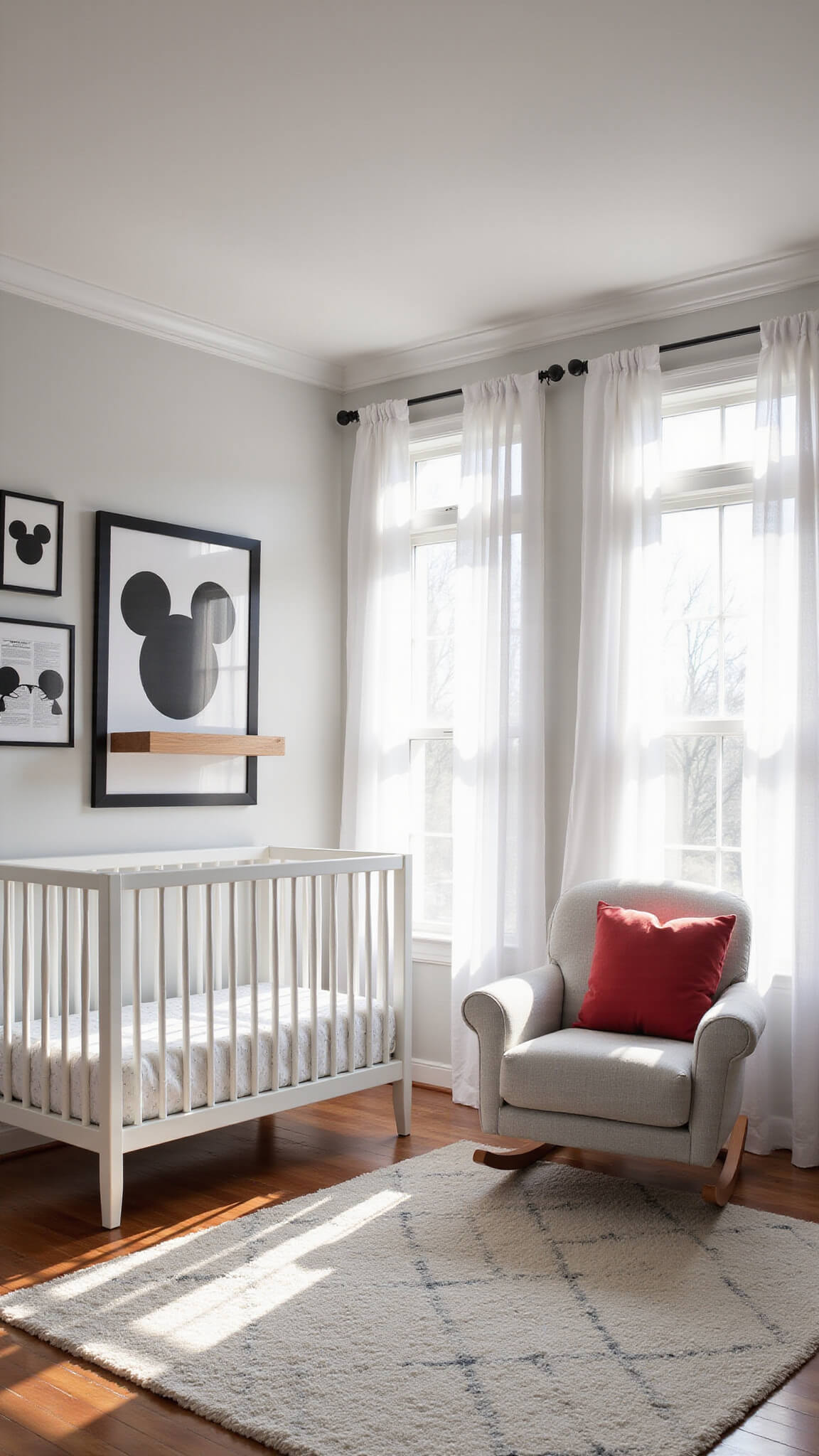 Softly lit 12x14ft Mickey-themed nursery with white crib, vintage art, geometric rug, and modern gray rocking chair in black, white, and red decor.