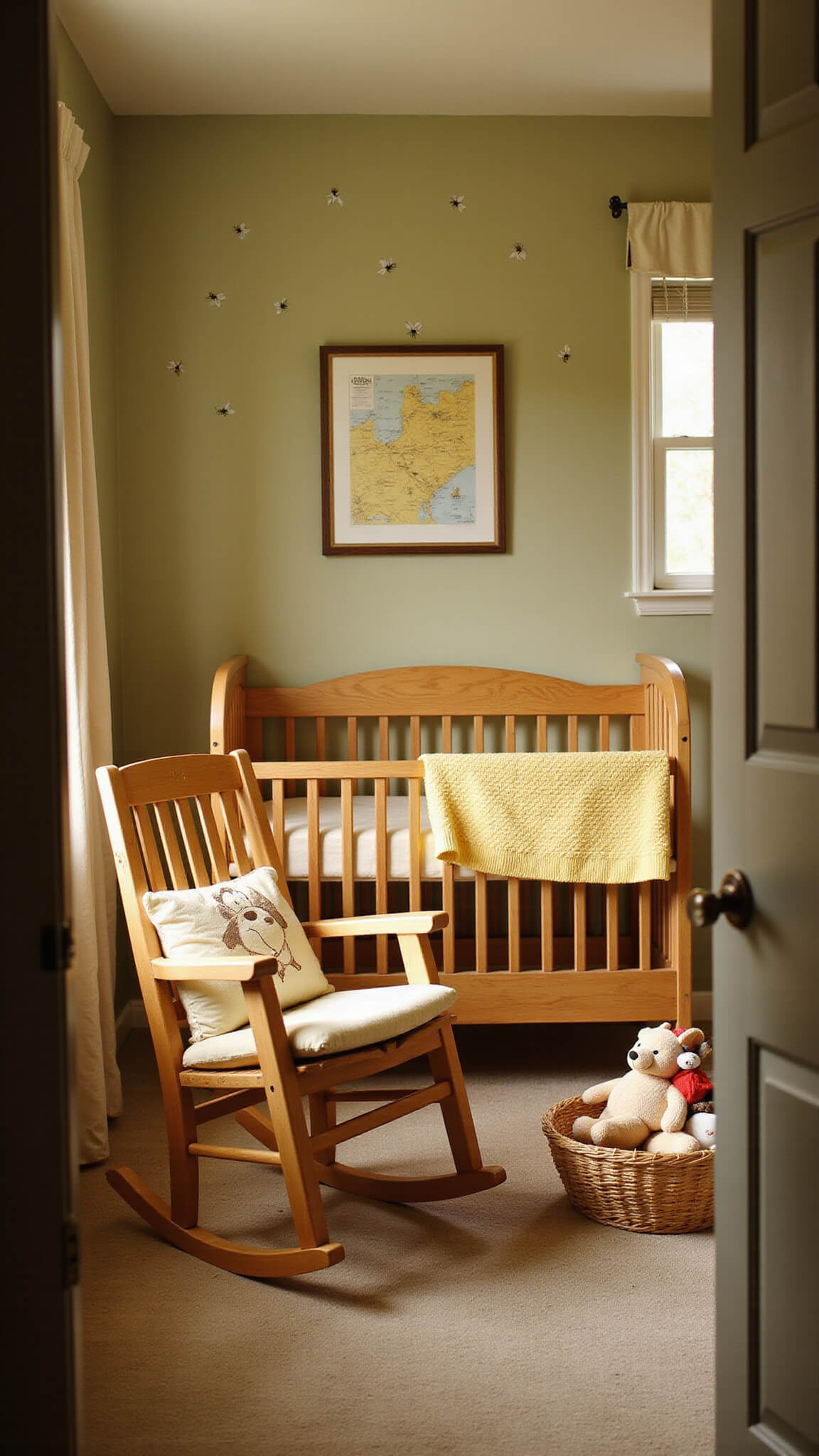 Cozy Winnie the Pooh themed nursery with sage green accent wall, natural wood crib, vintage map, and warm golden hour lighting.