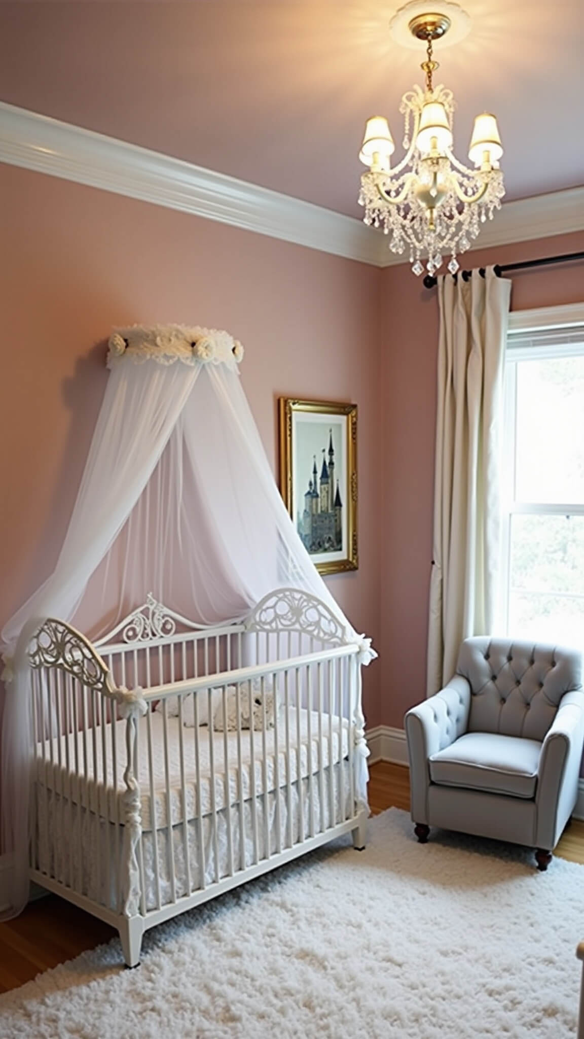 High-angle view of elegant 14x16ft princess-themed nursery at dusk with blush pink walls, white iron crib, crystal chandelier, and soft gray velvet nursing chair.