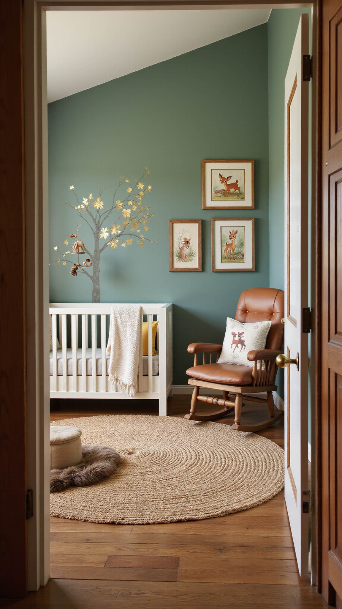 Rustic woodland Disney nursery with Bambi theme, featuring natural wood accents, forest green accent wall, white crib, forest creature mobile, vintage Disney prints, jute and faux fur rugs, leather glider, and warm afternoon lighting.
