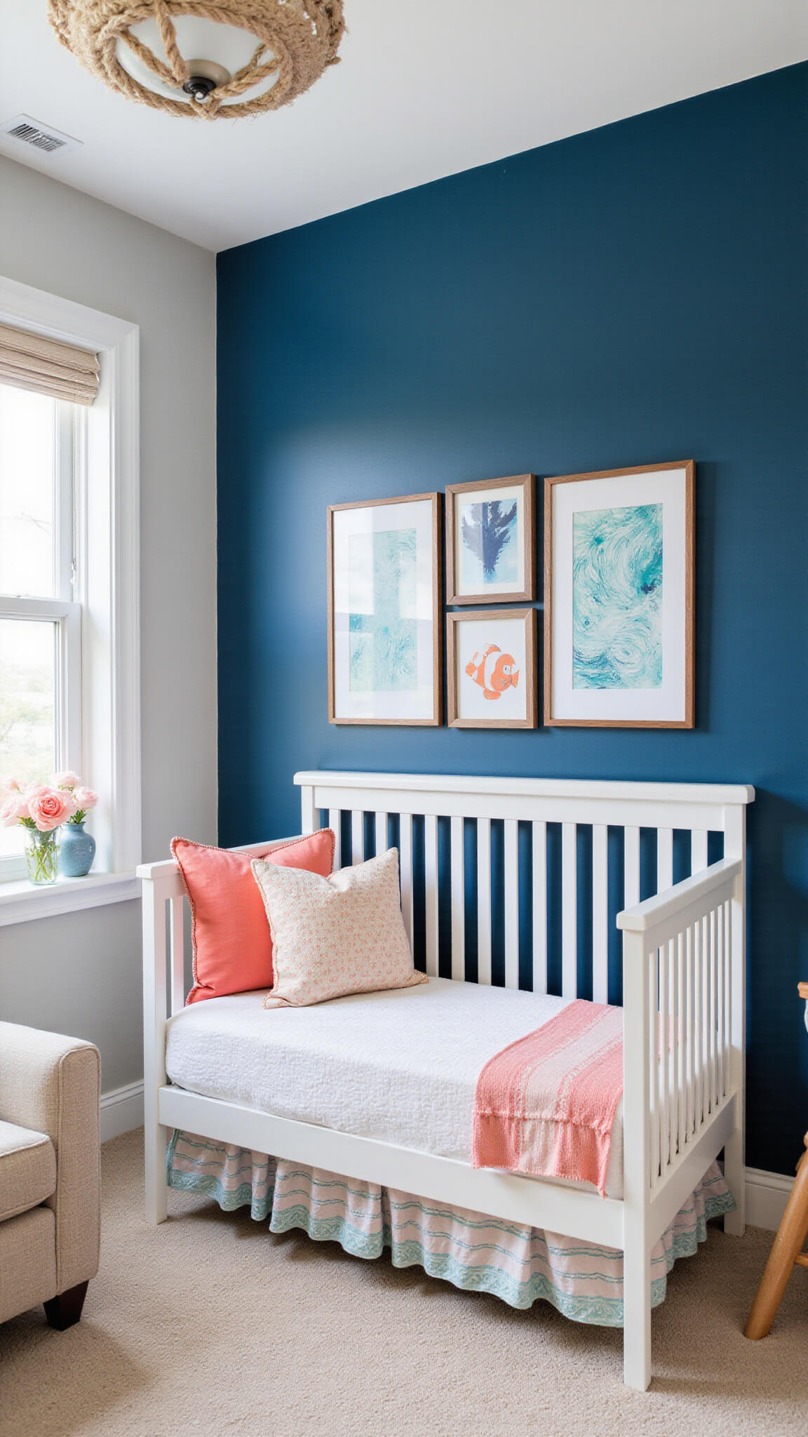 Nautical Disney-themed nursery with Finding Nemo decor, deep blue wave accent wall, white crib, coral and turquoise details, sea life art, and coastal textures in morning light.