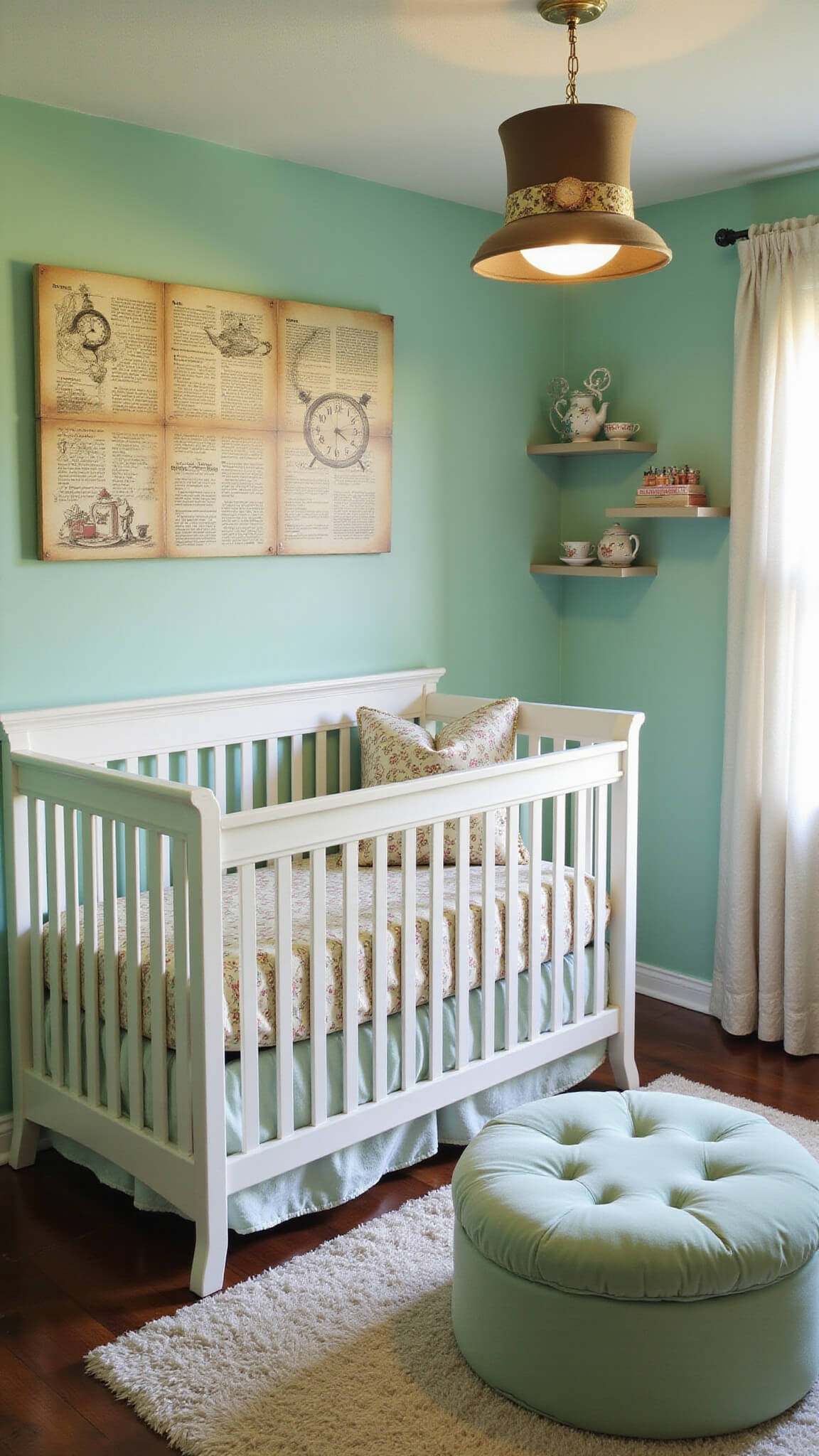 Whimsical Alice in Wonderland-themed nursery with mint green walls, white crib, storybook wall art, and mushroom-shaped ottoman, lit dramatically at twilight.