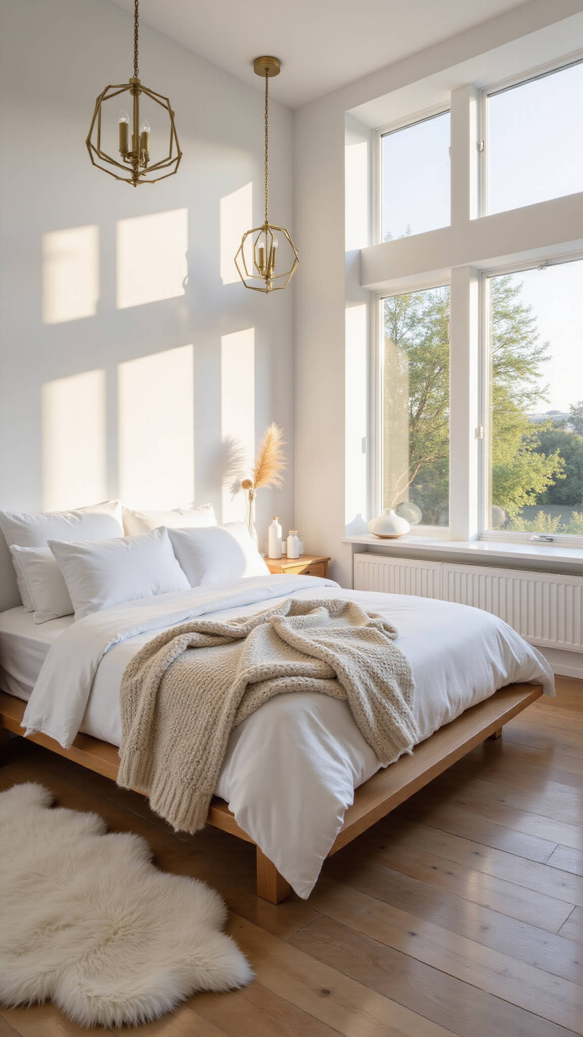 Minimalist white bedroom with king-size bed, chunky knit throw, sheepskin rug, and brass pendant lights, sunlit through floor-to-ceiling windows at golden hour.