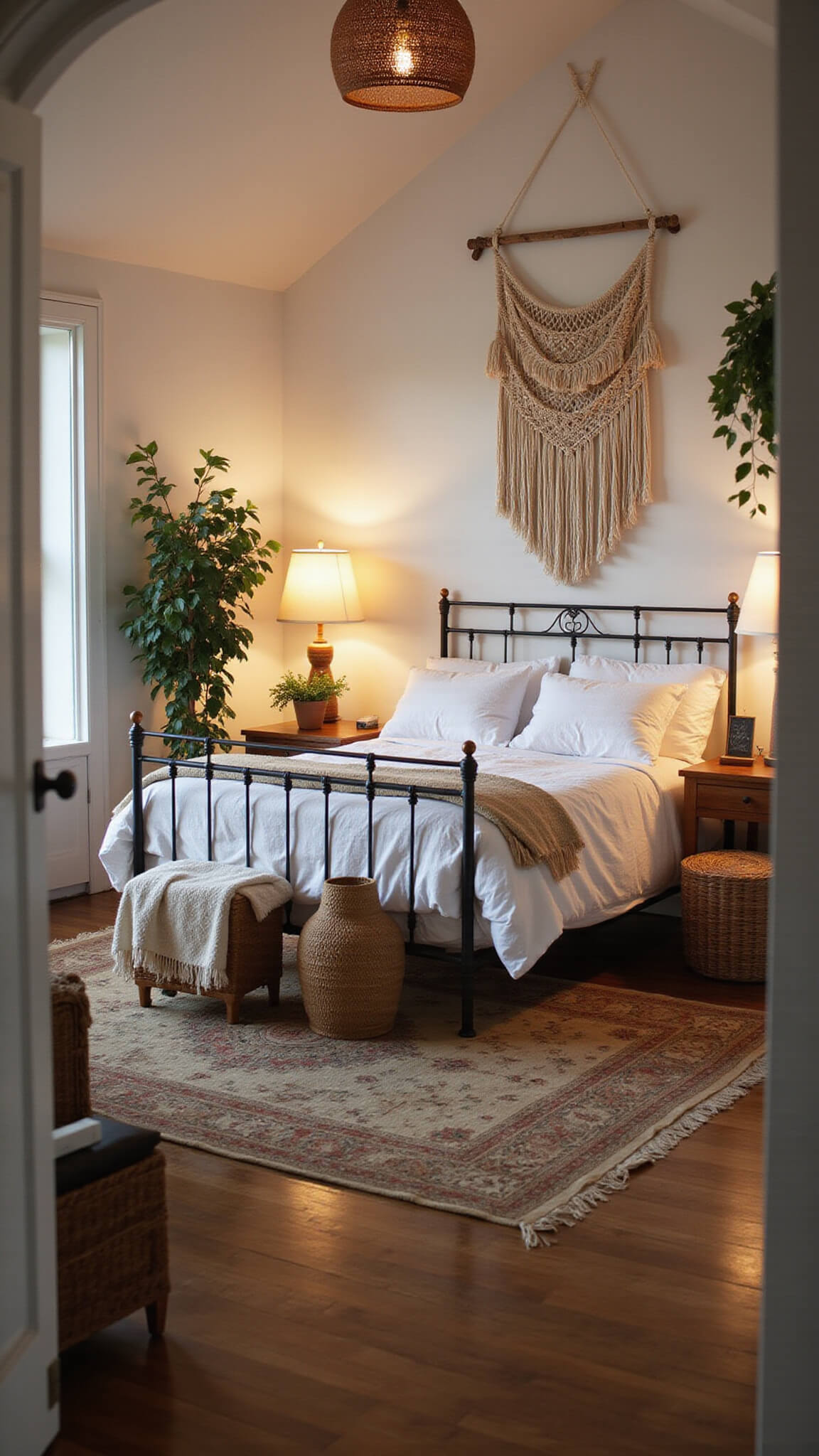 Boho-chic white bedroom with vintage iron bed, macramé wall hanging, rattan lamp, potted plants, and layered Persian rugs in soft twilight ambiance.