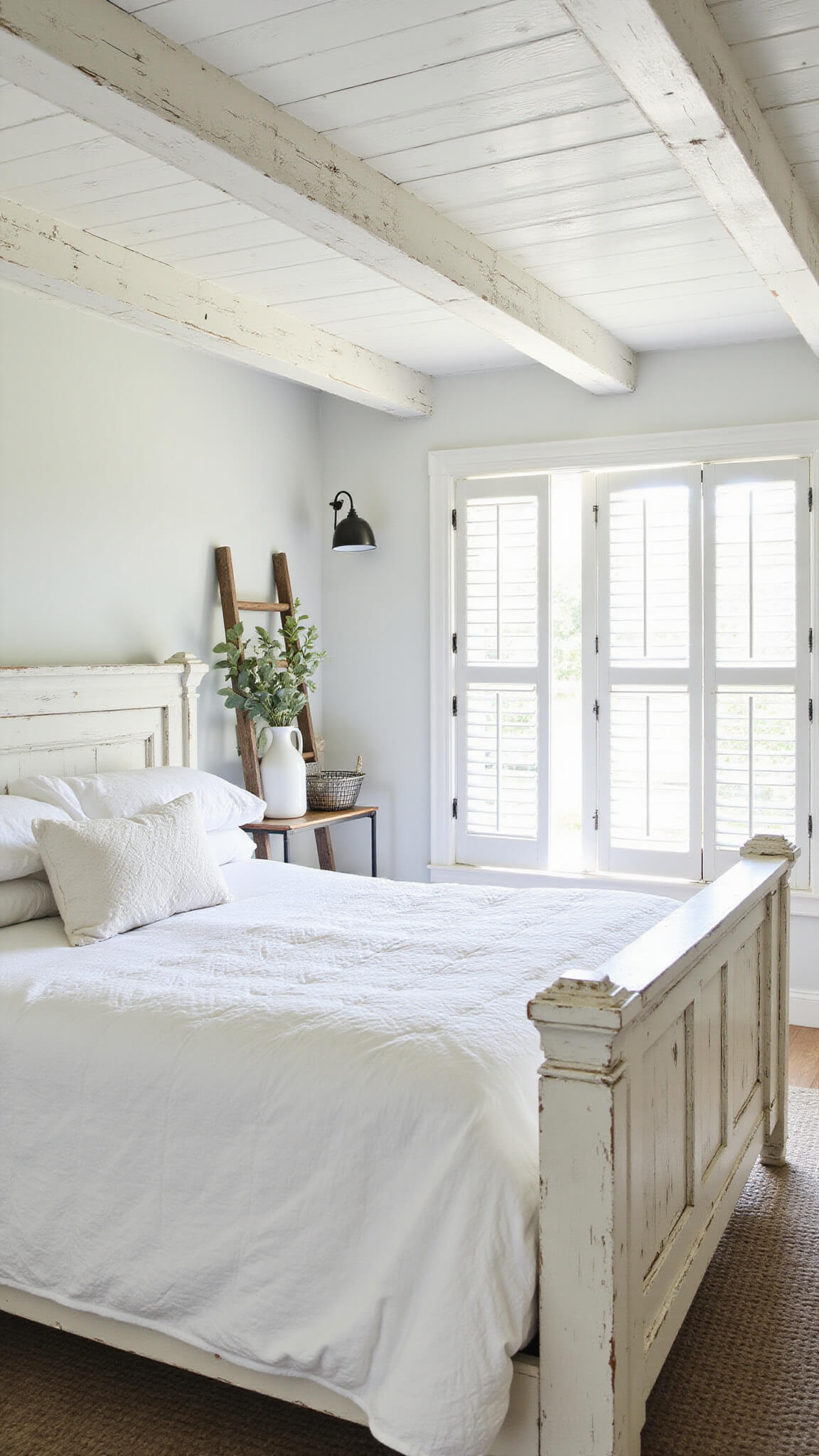 Modern farmhouse bedroom with white-washed ceiling beams, distressed white bed, quilted bedding, antique ladder blanket rack, vintage milk jug with eucalyptus, and morning light through plantation shutters.