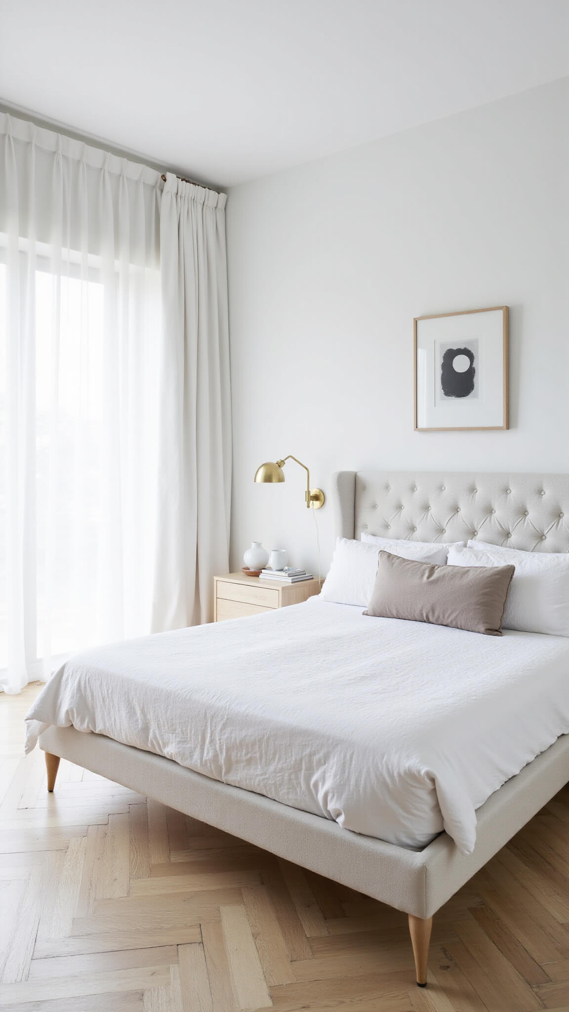 Scandinavian white bedroom with platform bed, herringbone floors, sheer curtains, minimal decor, and soft afternoon light.