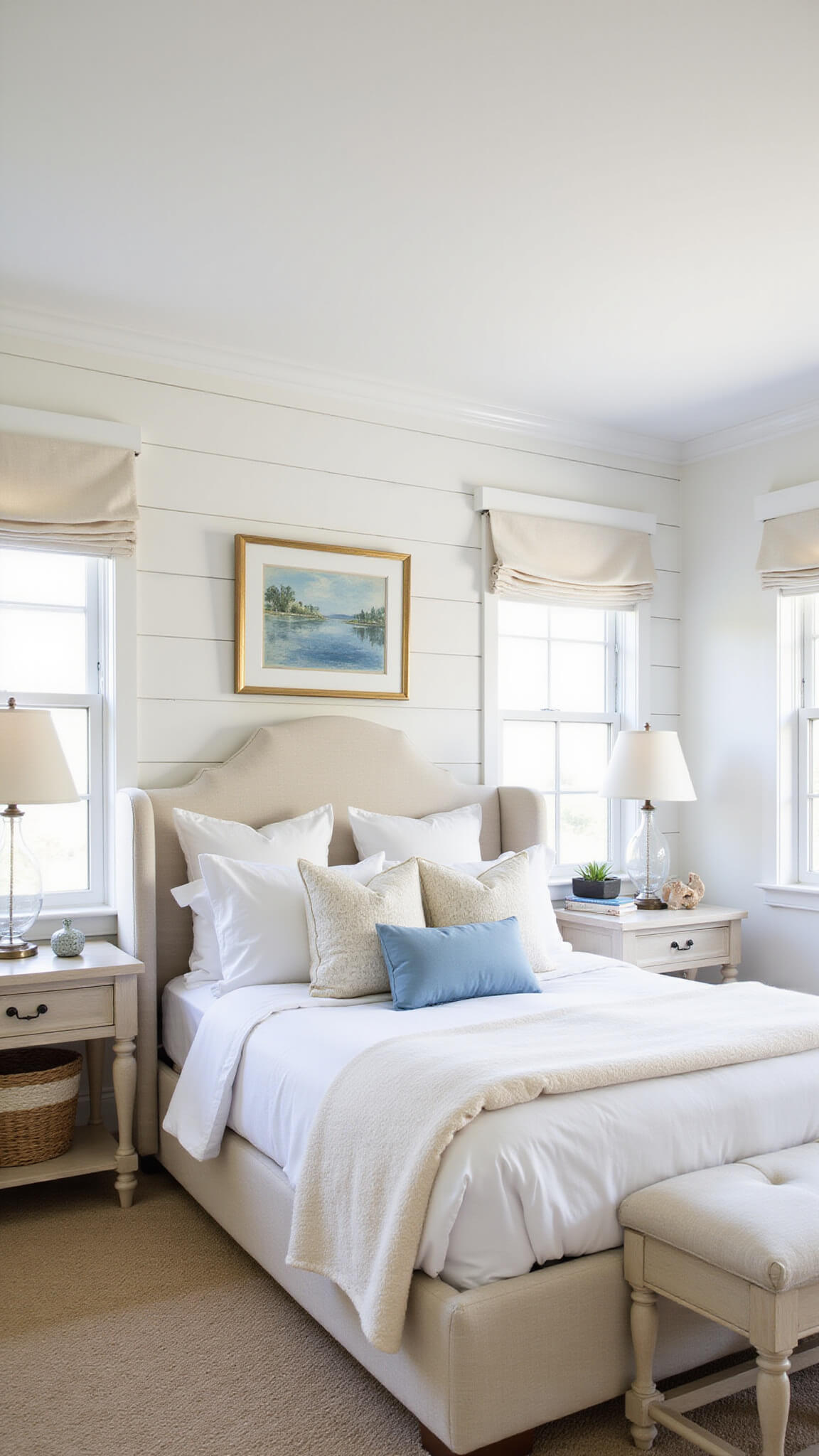 Bright coastal white bedroom with shiplap accent wall, ivory wingback bed, layered white and cream bedding with blue accents, seagrass baskets, driftwood art, and morning light through white roman shades.