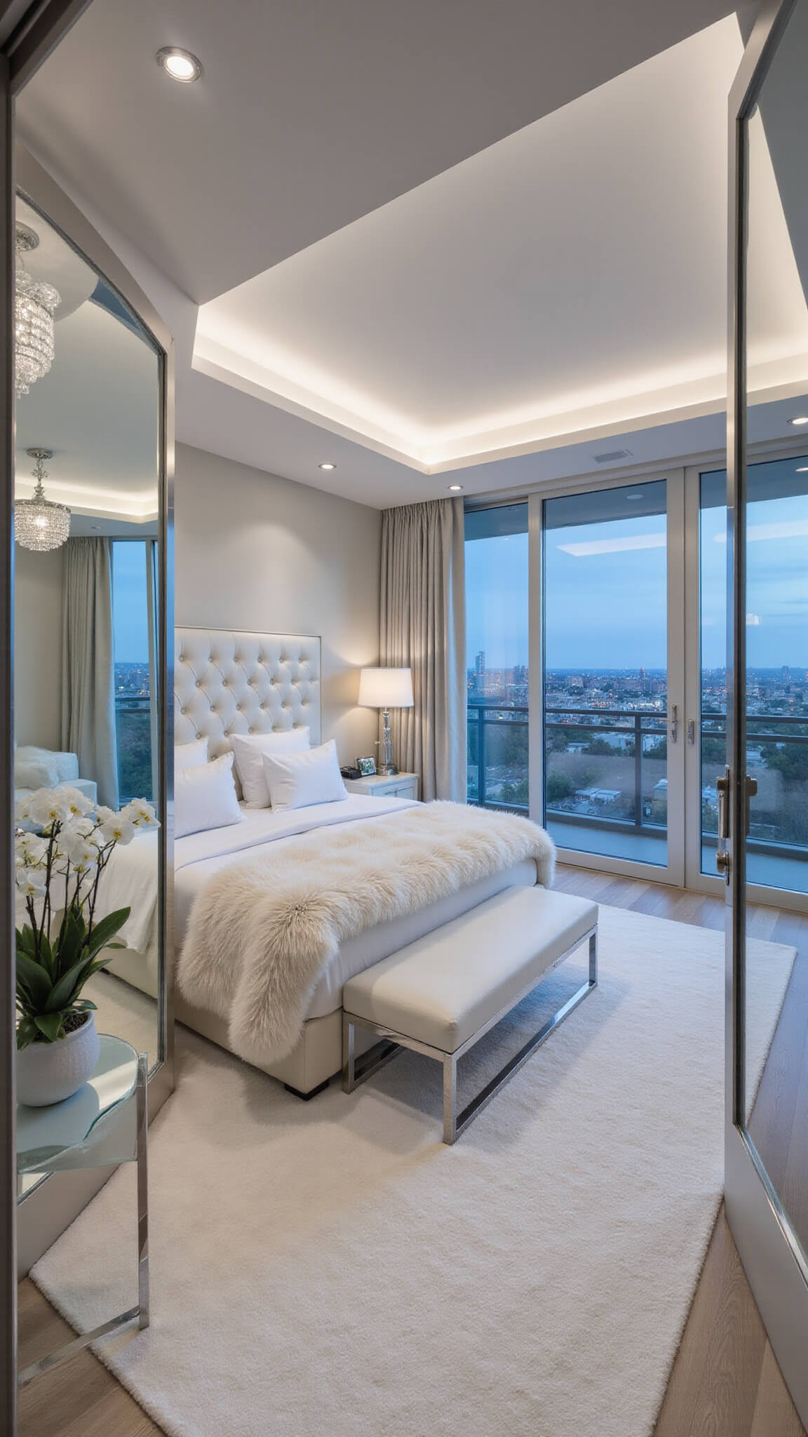 Luxurious contemporary white bedroom with king bed, tufted leather headboard, crystal chandelier, and city views at dusk through floor-to-ceiling windows.