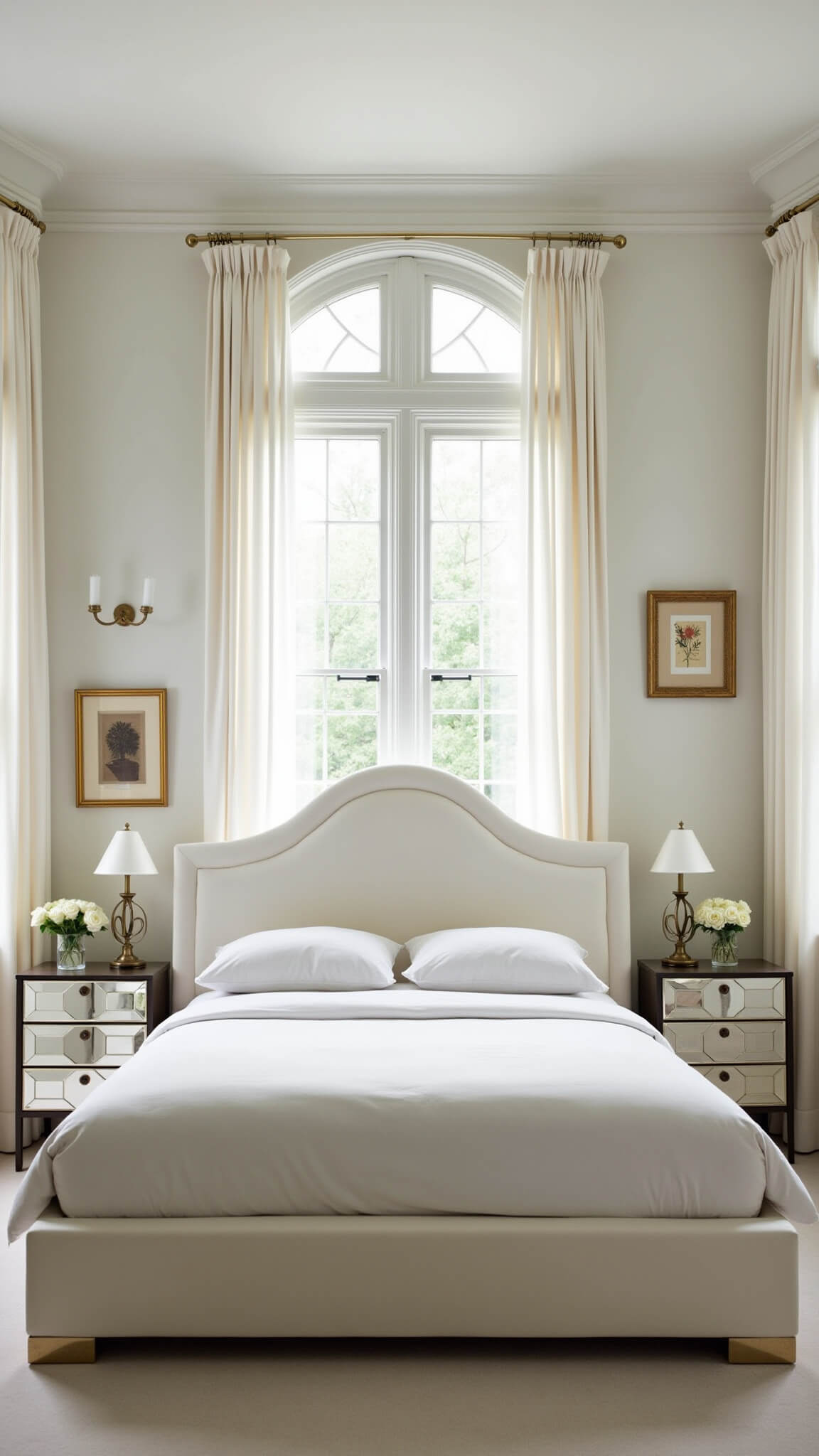 Art Deco-inspired white bedroom with curved velvet bed, mirrored nightstands, arch windows, and brass light fixtures, photographed symmetrically in natural mid-morning light.