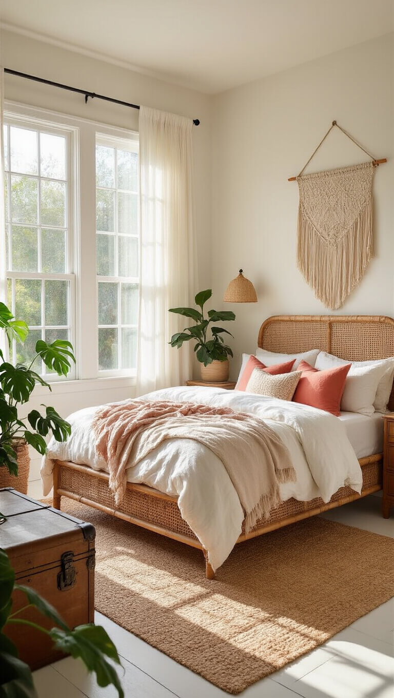 Sunlit bedroom with rattan bed, white linen bedding, coral pillows, macramé wall hanging, monstera plants, vintage trunk nightstand, and jute rug over whitewashed floors.