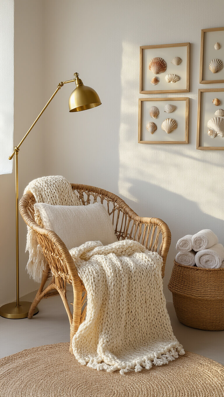 Cozy beachy boho bedroom corner with rattan chair, knit throw, basket of towels, brass lamp, and seashell wall art, softly lit at golden hour.