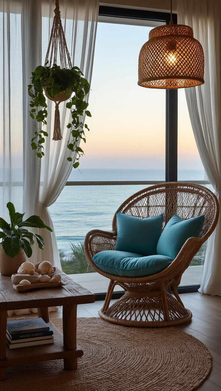 Cozy reading nook at dusk with ocean view, rattan peacock chair, rustic side table, macramé plant hanger, and soft ambient lighting.