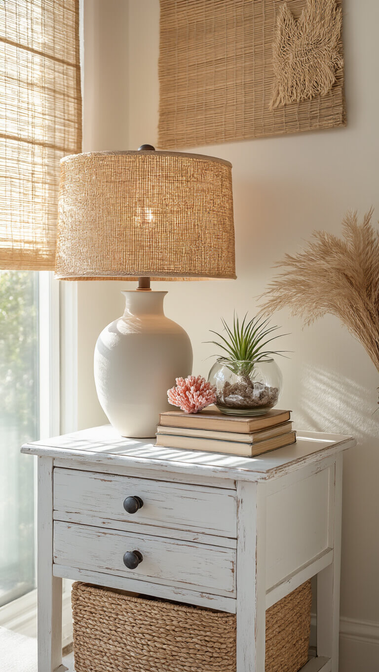 Morning-lit bedside vignette with white distressed nightstand, ceramic lamp with woven shade, vintage books, coral, air plant in terrarium, and dried pampas grass in wall basket.